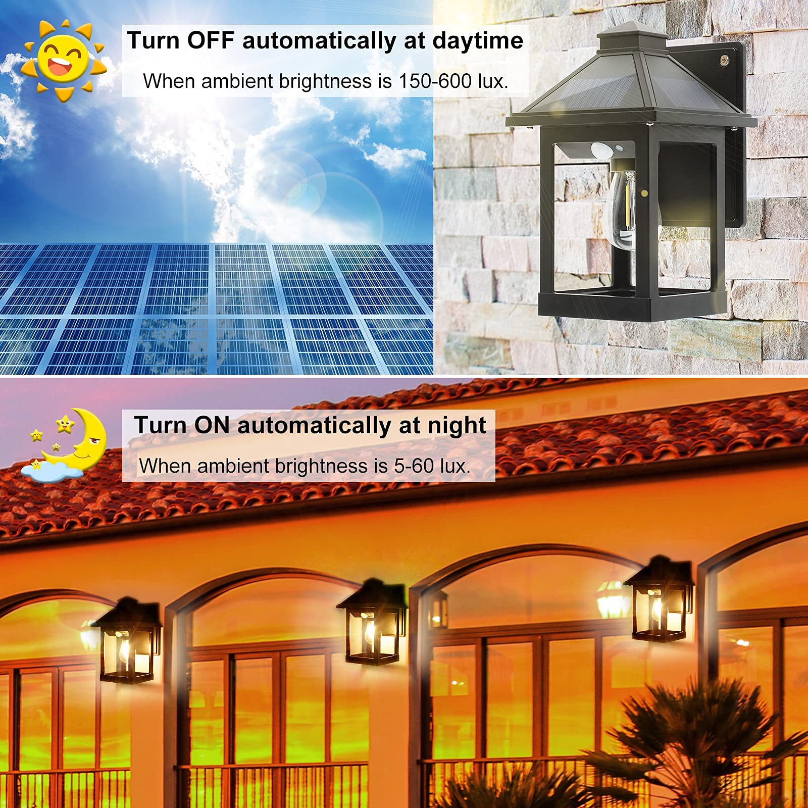 CYHKEE Solar Wall Lanterns - 2 Pack LED Sconce Lights, Dusk to Dawn, Motion Sensor, IP65 Waterproof, Black, Model XHY-2203