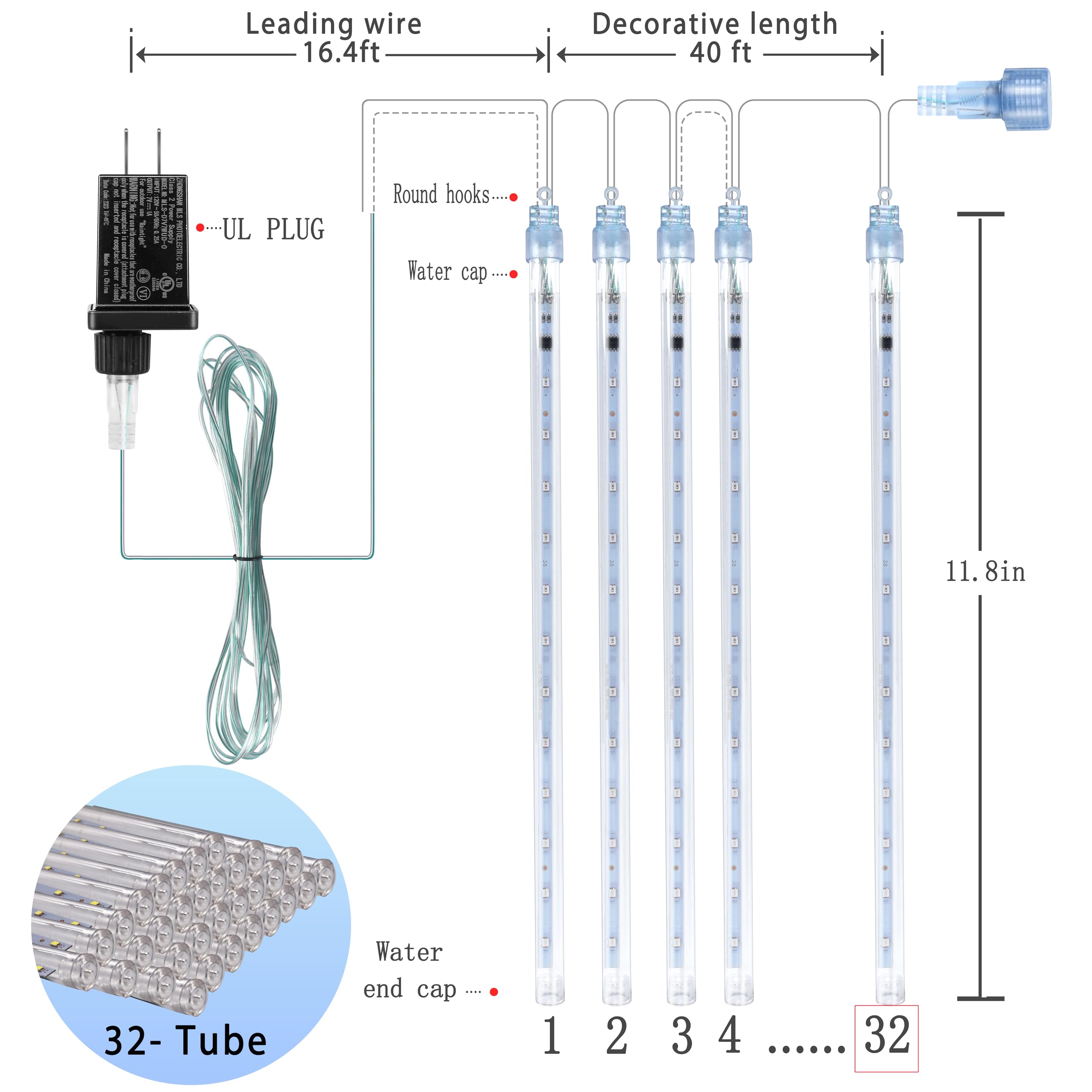 Christmas Lights Outdoors, 32 Tubes(Equivalent To 4 Sets Of 8-Tubes) Meteor Shower Rain Lights - Blue Lcicle Christmas Light Out