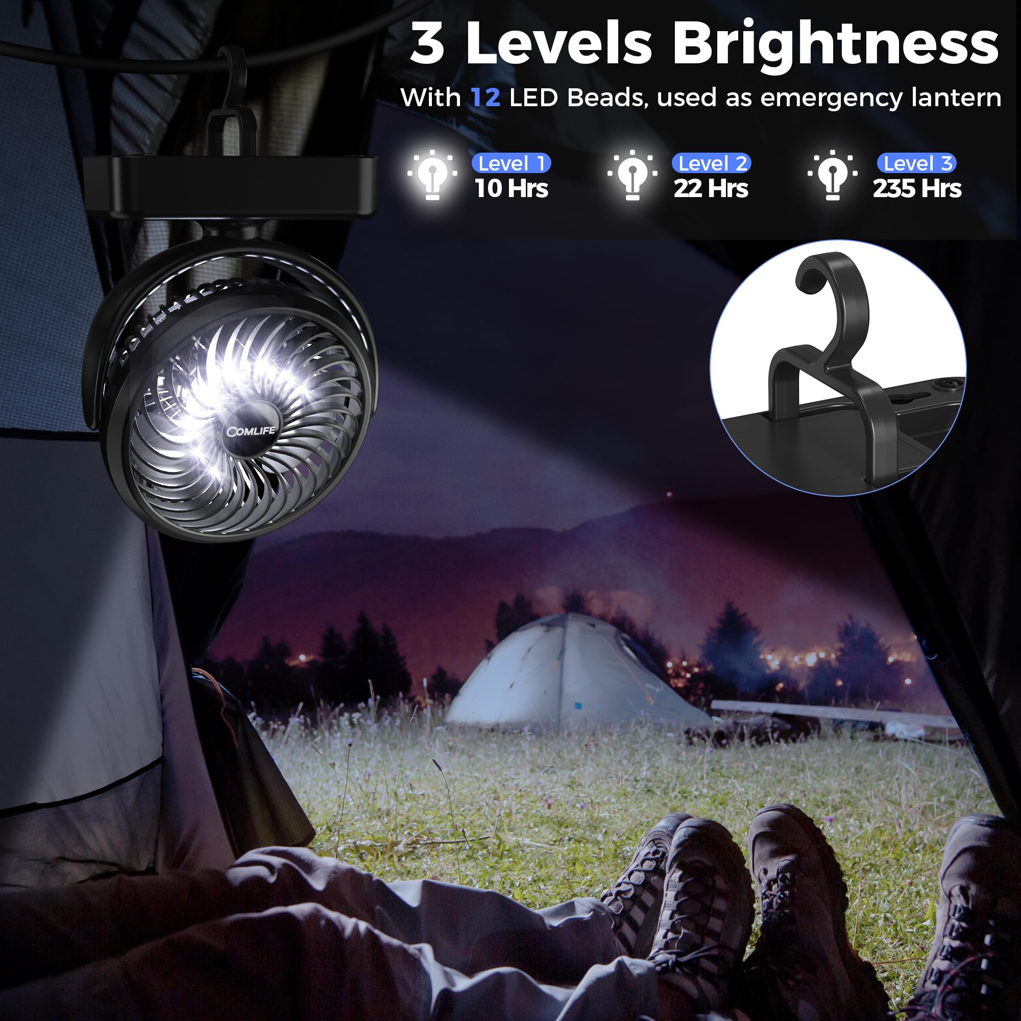 COMLIFE Camping Fan with LED Lantern, 35H Run Time, 3 Speeds, Portable, Black, 5.5 inch, Model F120