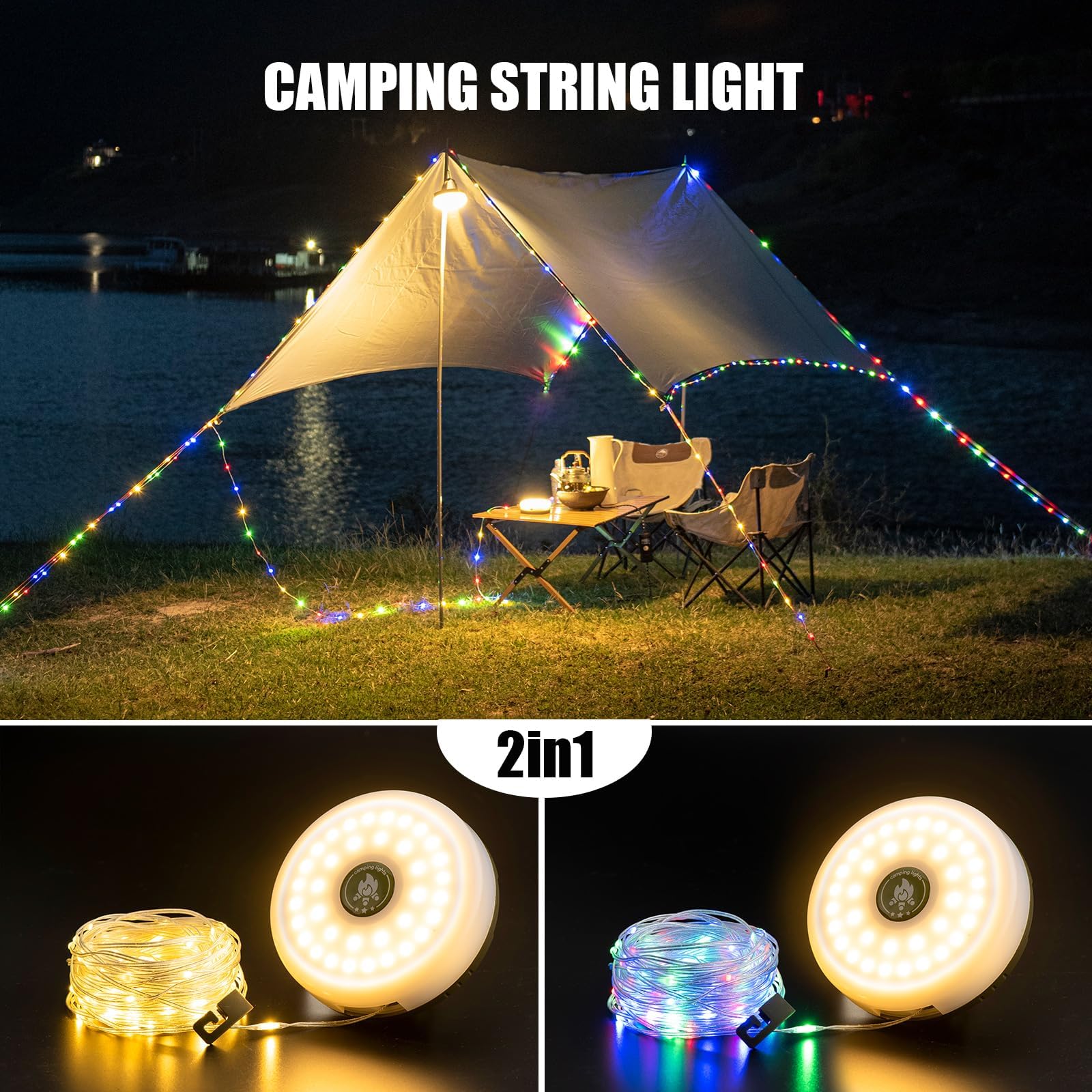 2-Pack Camping String Lights - 4 In 1 Outdoor Camping Lantern With 8 Lighting Modes(32.8Ft), Quick 30S Recovery, Waterproof, Typ