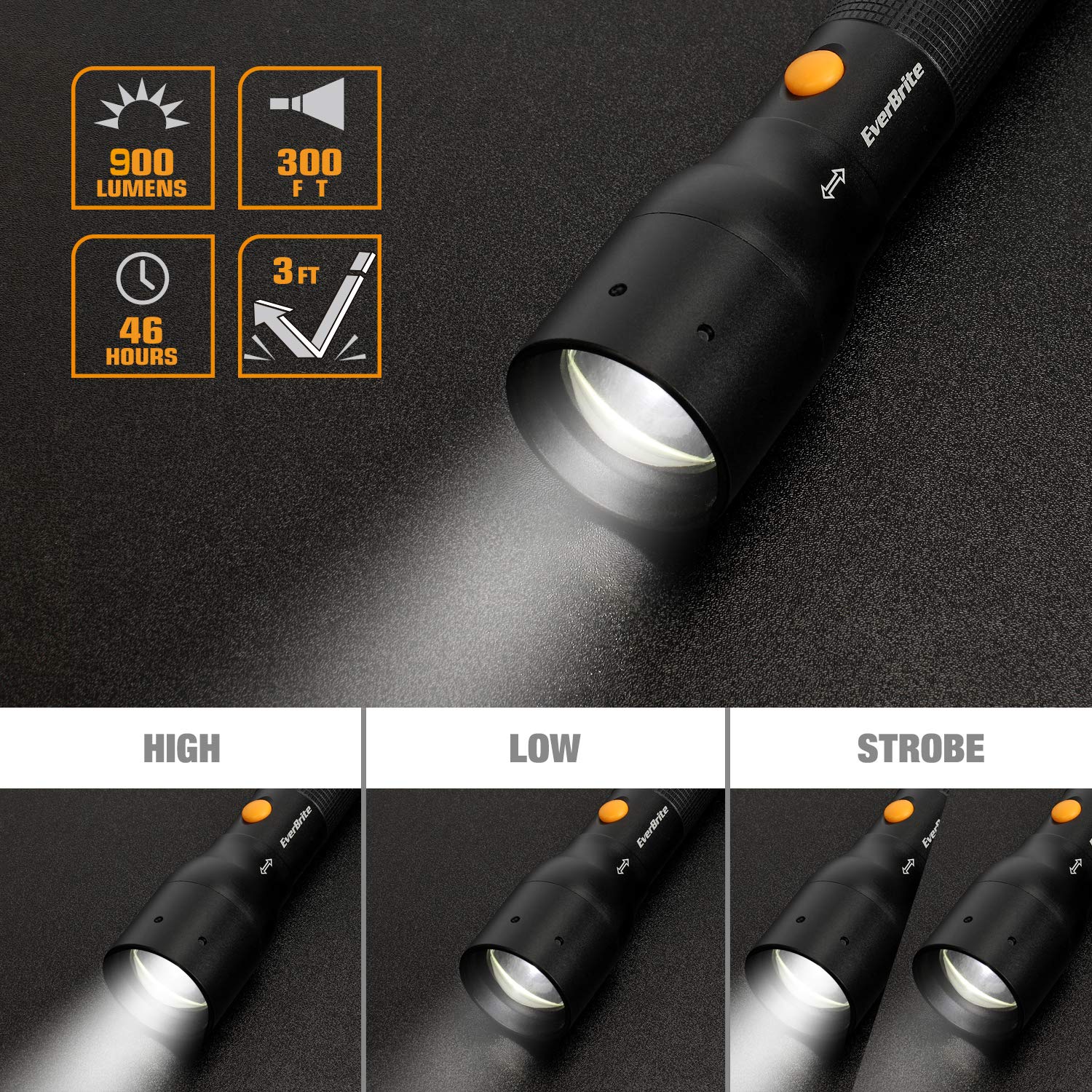 EverBrite Tactical Flashlight, 900 Lumen, Zoomable Focus, 3 Light Modes, Heavy-Duty Aluminum, Black, Model E011115, Includes 3C Batteries