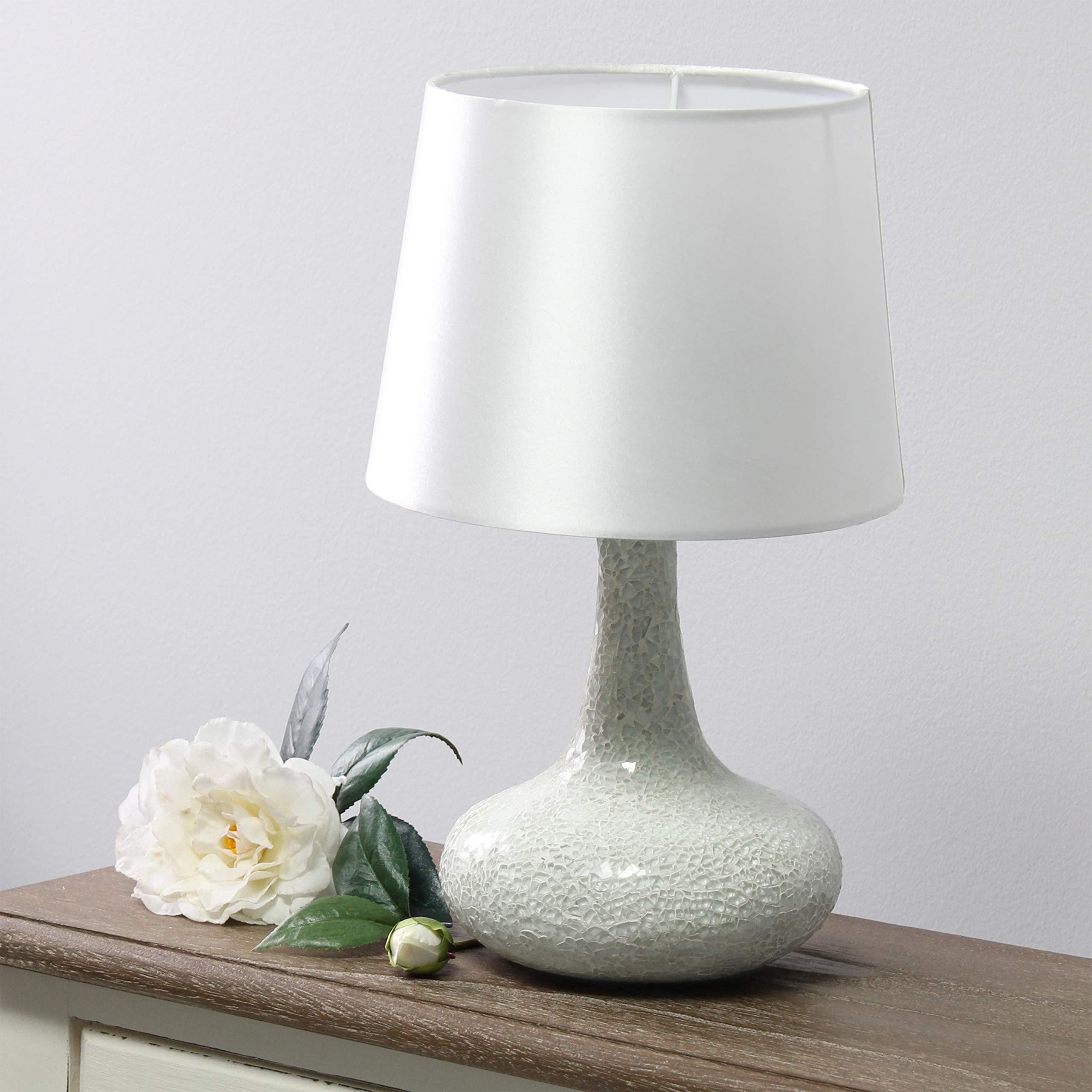 Simple Designs Lt3039-Wht 14.17” Contemporary Mosaic Tiled Glass Genie Standard Table Lamp With Matching Fabric Shade For Home Décor, Bedroom, Living Room, Foyer, Office, White