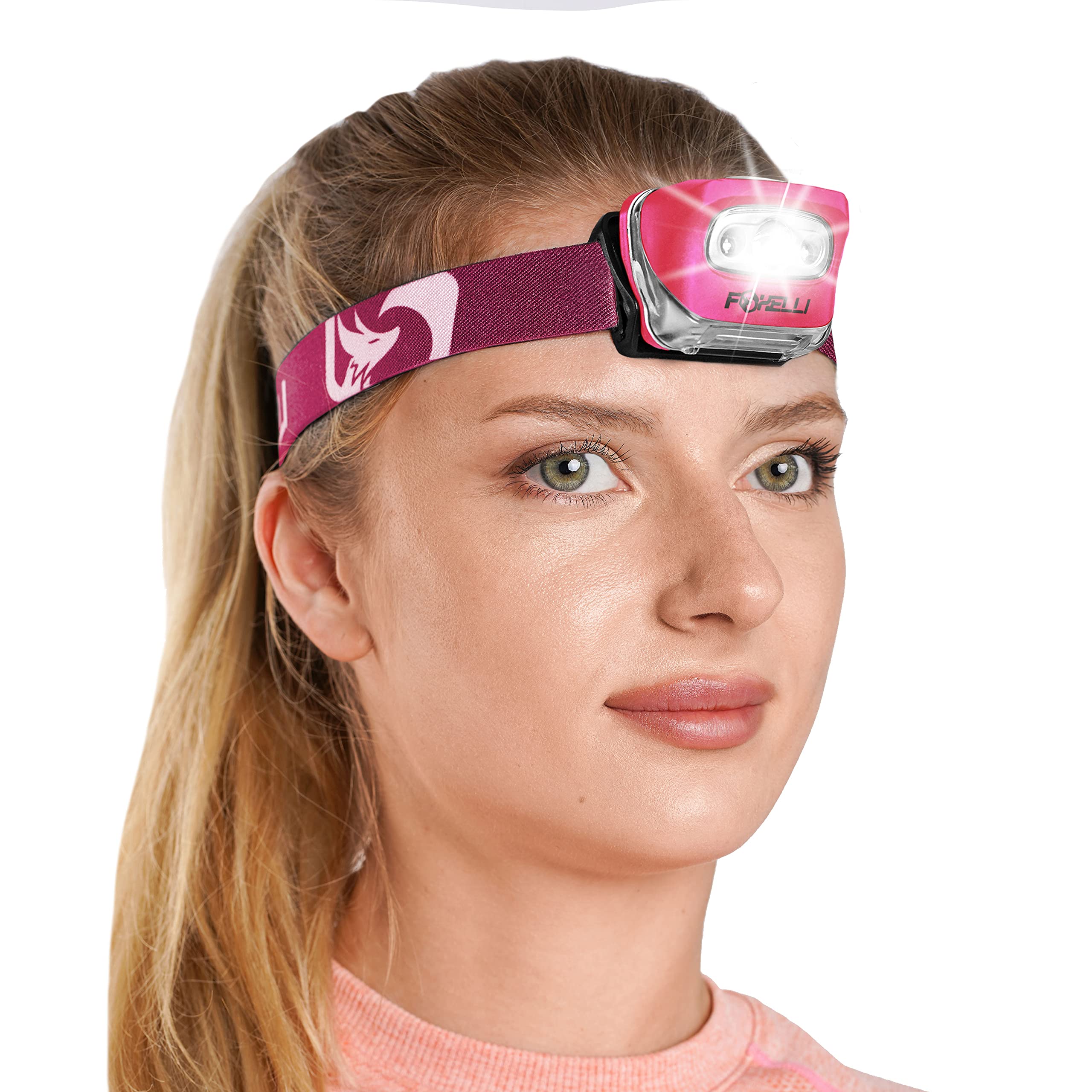Foxelli LED Headlamp Flashlight, Waterproof, Lightweight, White & Red Light, Model MX20, Neon Pink, 3 AAA Batteries Included