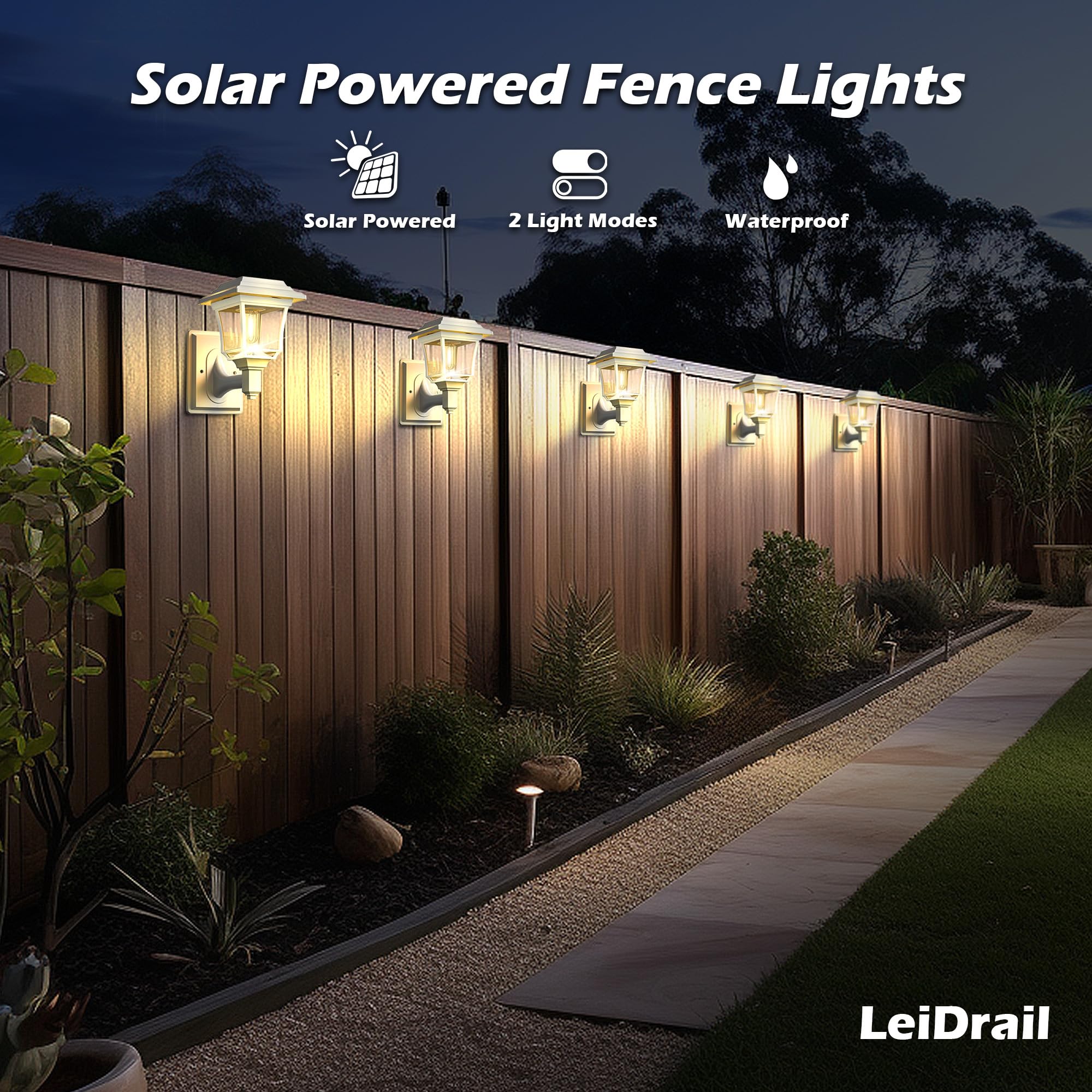 LeiDrail Solar Wall Lights, Waterproof LED 15 LM, 2 Modes, 8 Pack, White, Model LD031W-8PK