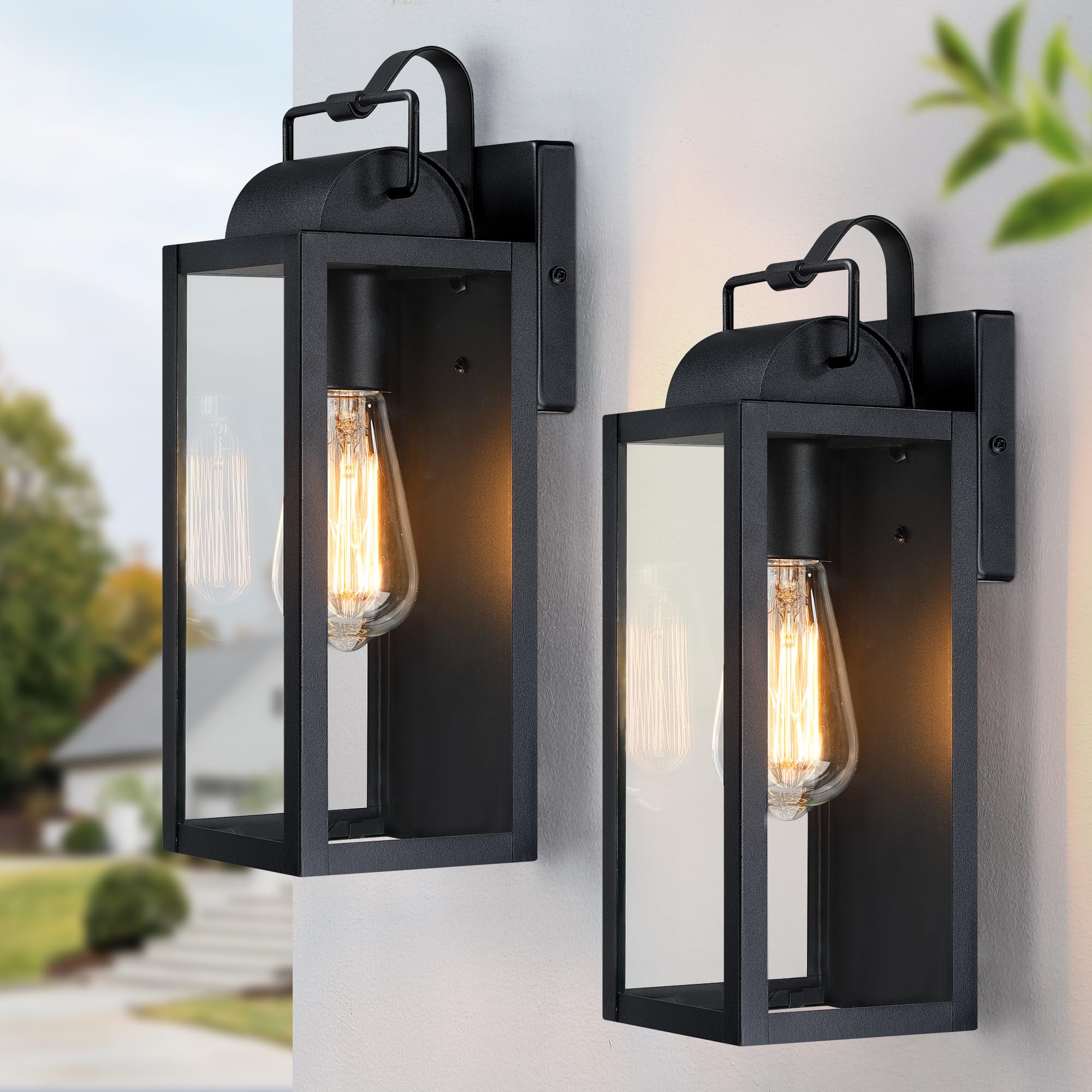 YKLITG 2 Pack 14'' Large Outdoor Wall Light Fixture, Sand Black Exterior Wall Lantern,Industrial Sconce with Clear Glass Shade f