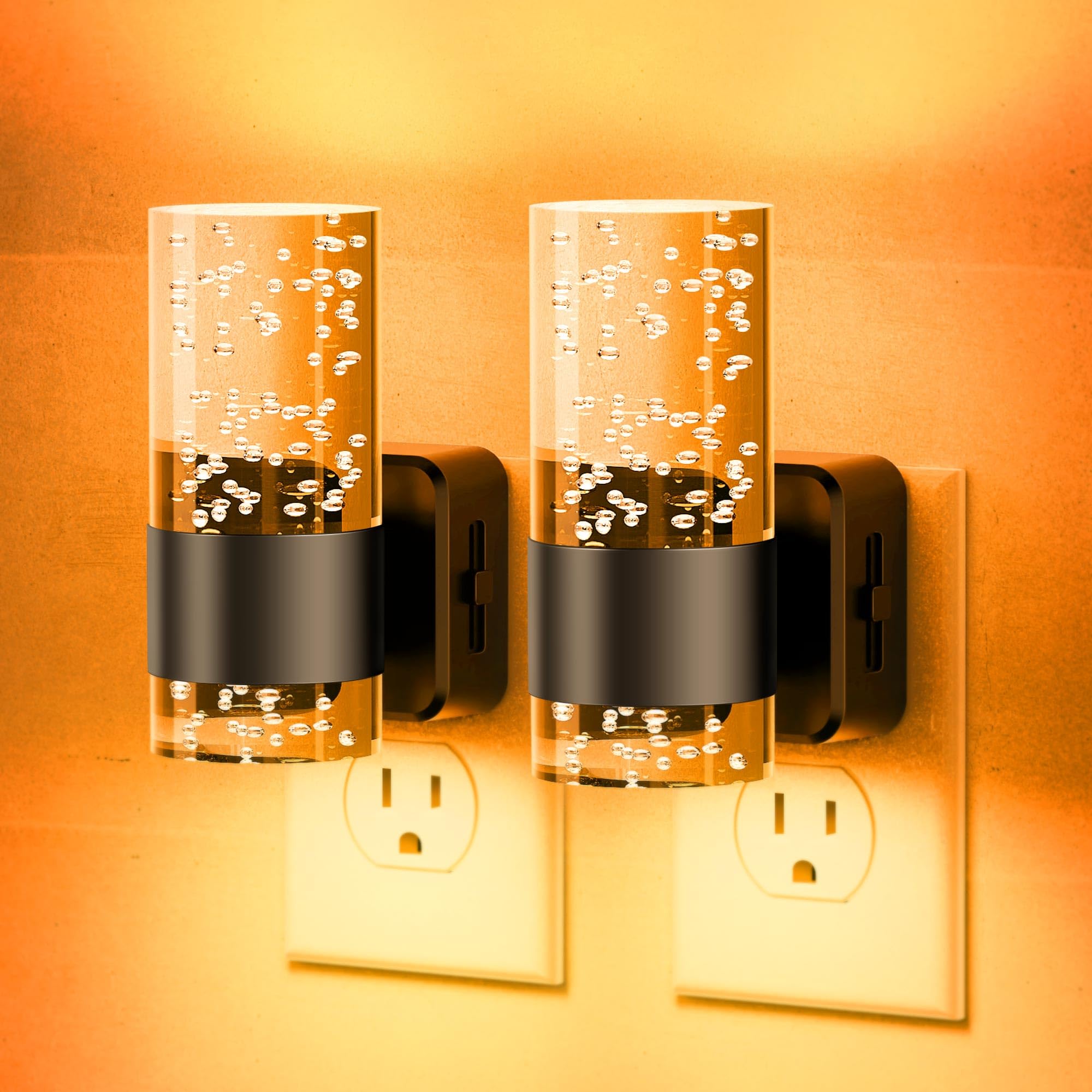 JandCase Dimmable LED Night Light, 2 Pack, Adjustable Brightness, Automatic Sensor, Black-Amber, Model GY197