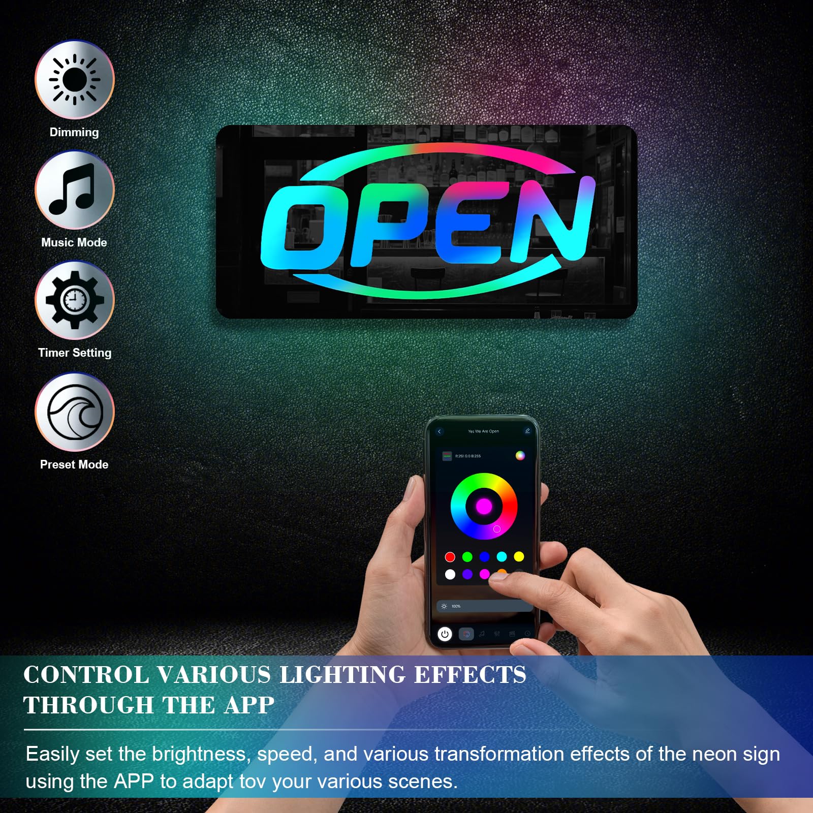 ineonlife Open Neon Sign - Mirrored Colorful LED Light for Business Decor, 14.57 x 6.69 inches, USB Powered