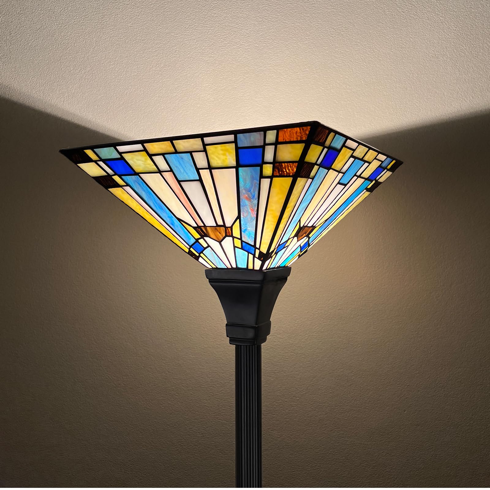 Capulina Tiffany Torchiere Floor Lamp - 70" Tall, Green Blue Rustic Style, Stained Glass Decor for Living Room, Bedroom, Home Office