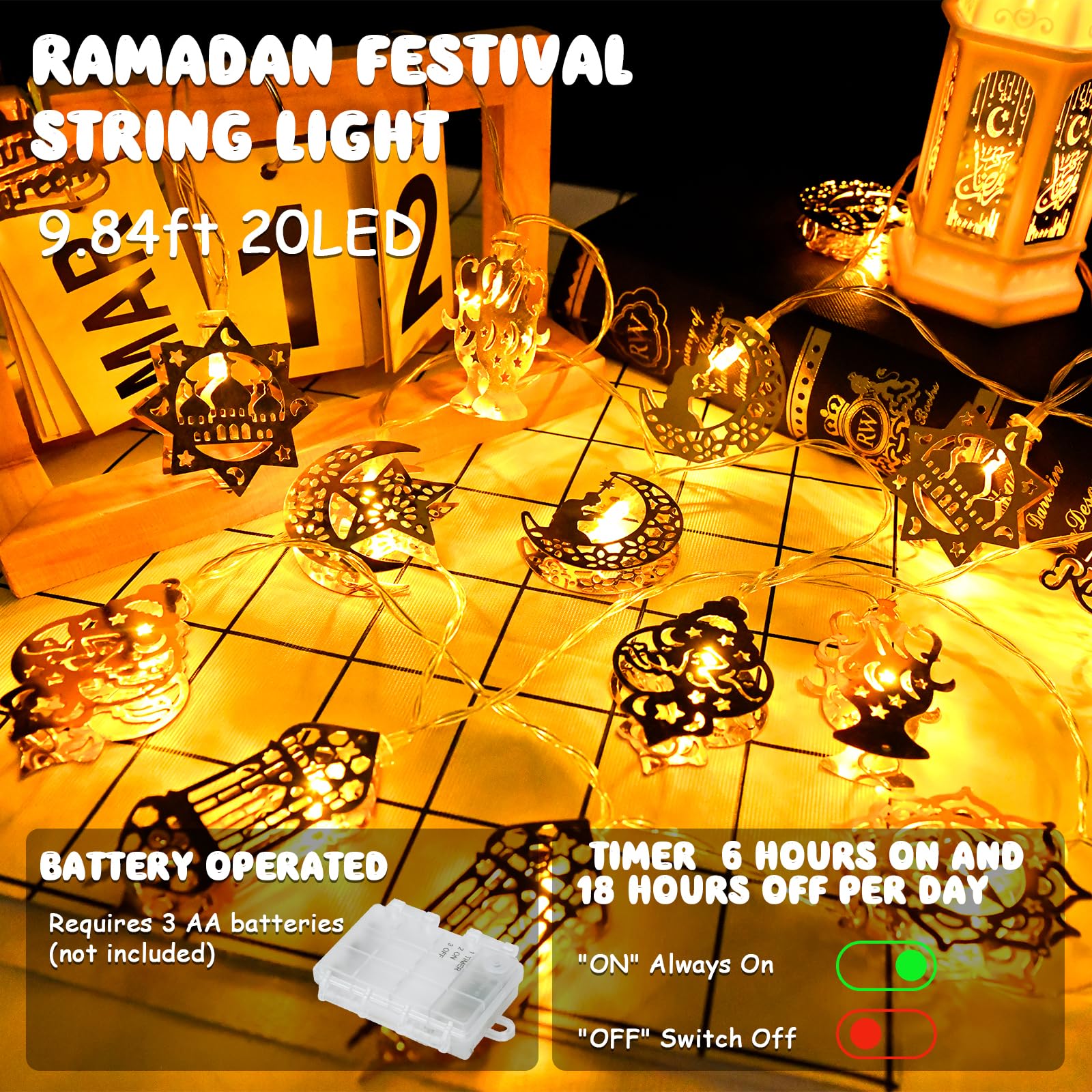 Cshare Ramadan Decorations For Home 2024, 9.8Ft 20Led Ramadan String Lights & Ramadan Banner With Timer Battery Operated Star Moon Waterproof Outdoor & Indoor