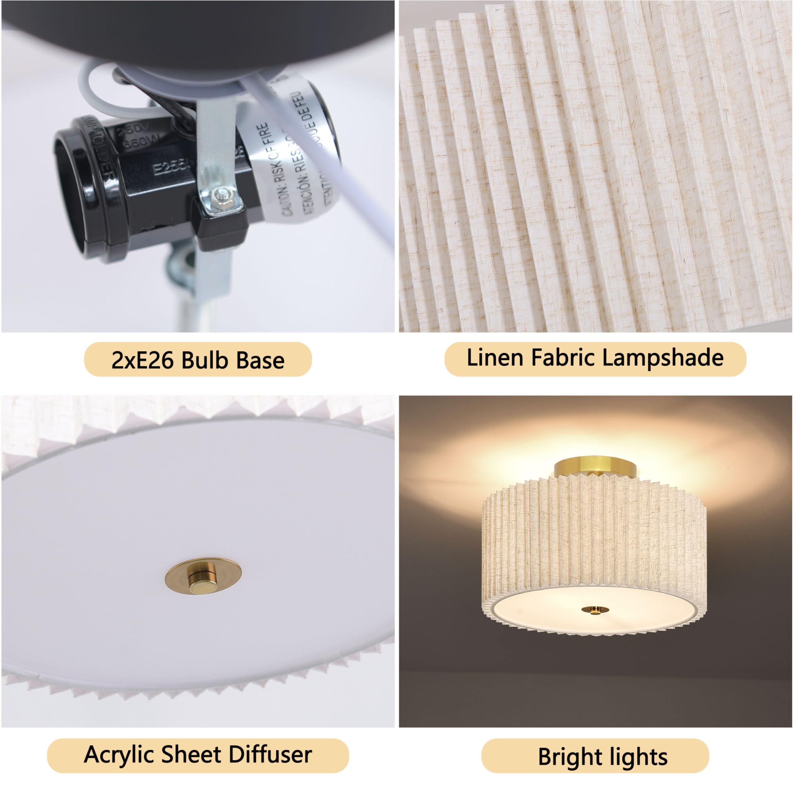 2 Light Semi Flush Mount Ceiling Light Fixture 12.6 Inch Modern Gold Drum Ceiling Light Fixture With Pleated Fabric Shade Dimmab