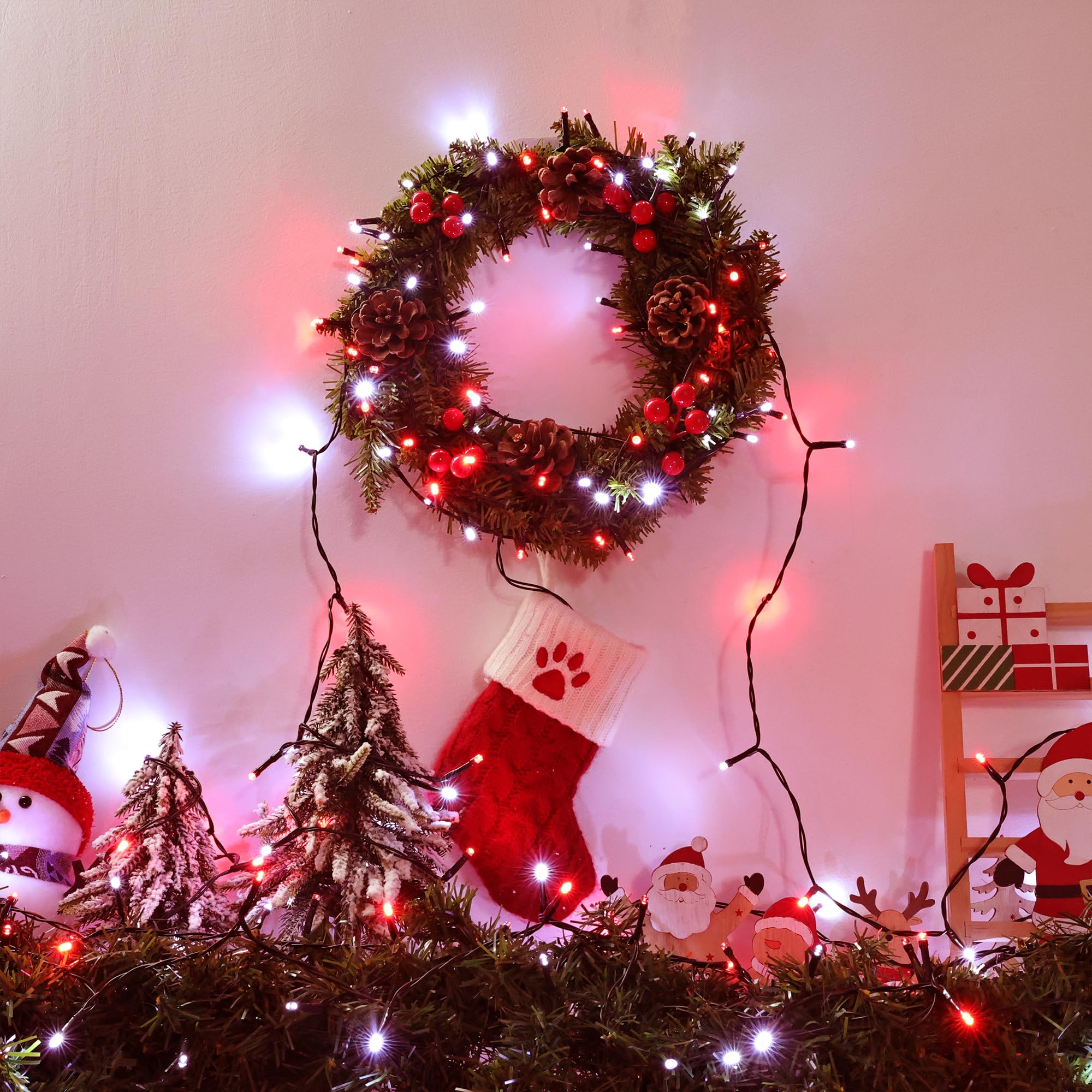 Lomotech Battery Operated Christmas Lights - 4 Pack Total 66Ft 200Leds String Lights 8 Modes Waterproof With Timer For Home  Garden  Party  Holiday  Tree Decoration (Green Wire  Red & White)