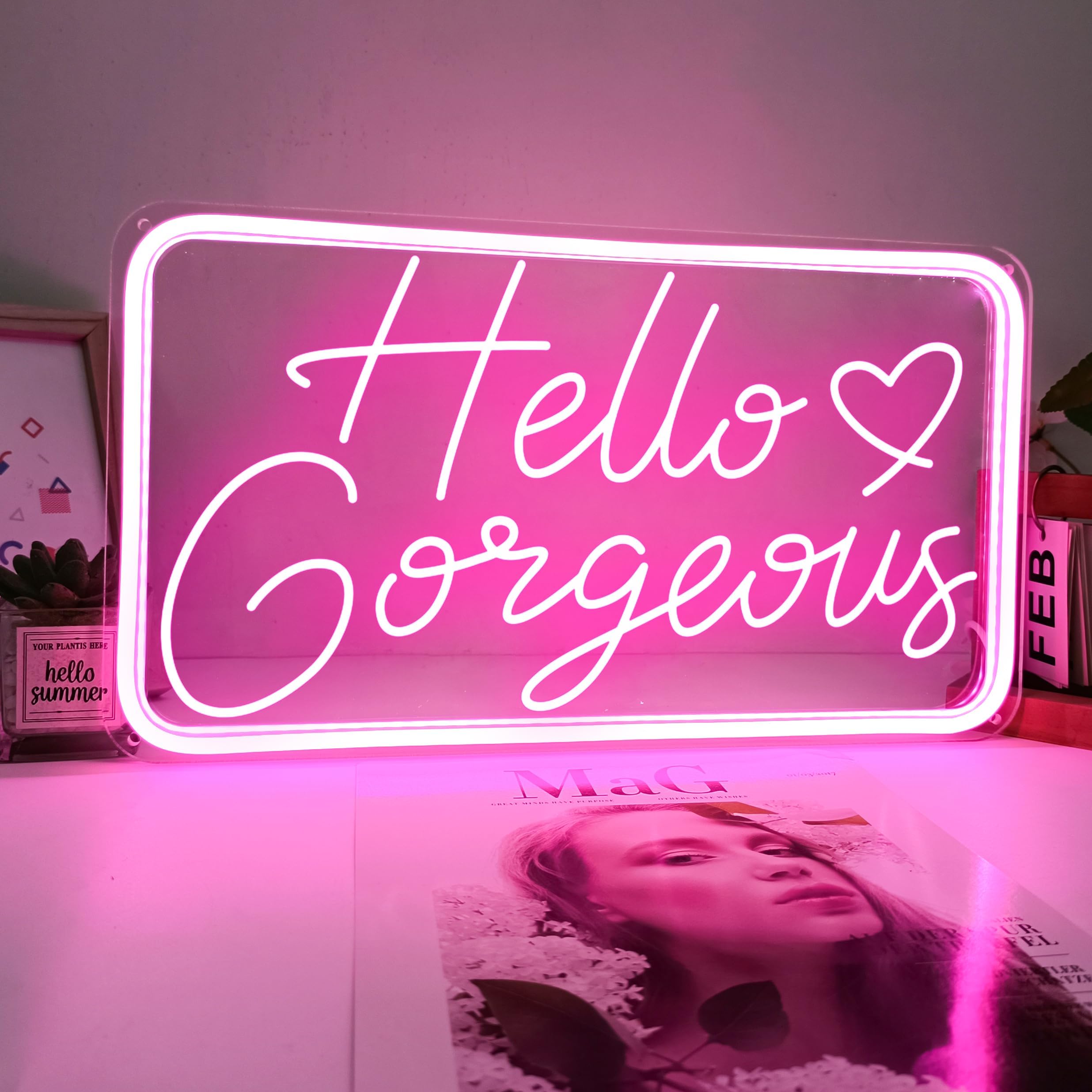 welltodo Neon Sign - Hello Gorgeous Pink Bedroom Decor, Dimmable, 15.95 x 8.75 inches