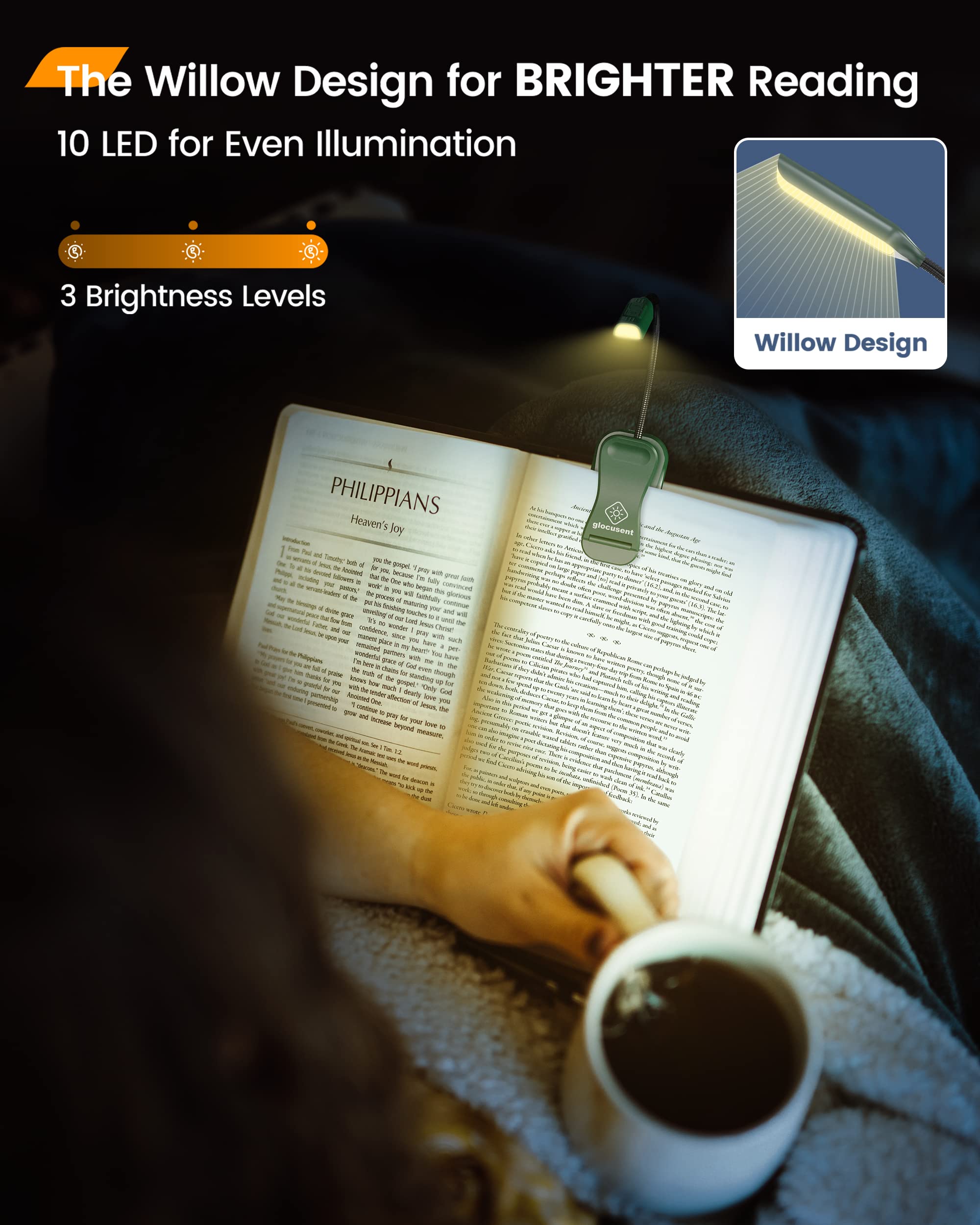 Glocusent Willow Book Light for Reading in Bed, 10LED Bright Reading Light, 3 Colors & 3 Brightness, Rechargeable Book Light Las