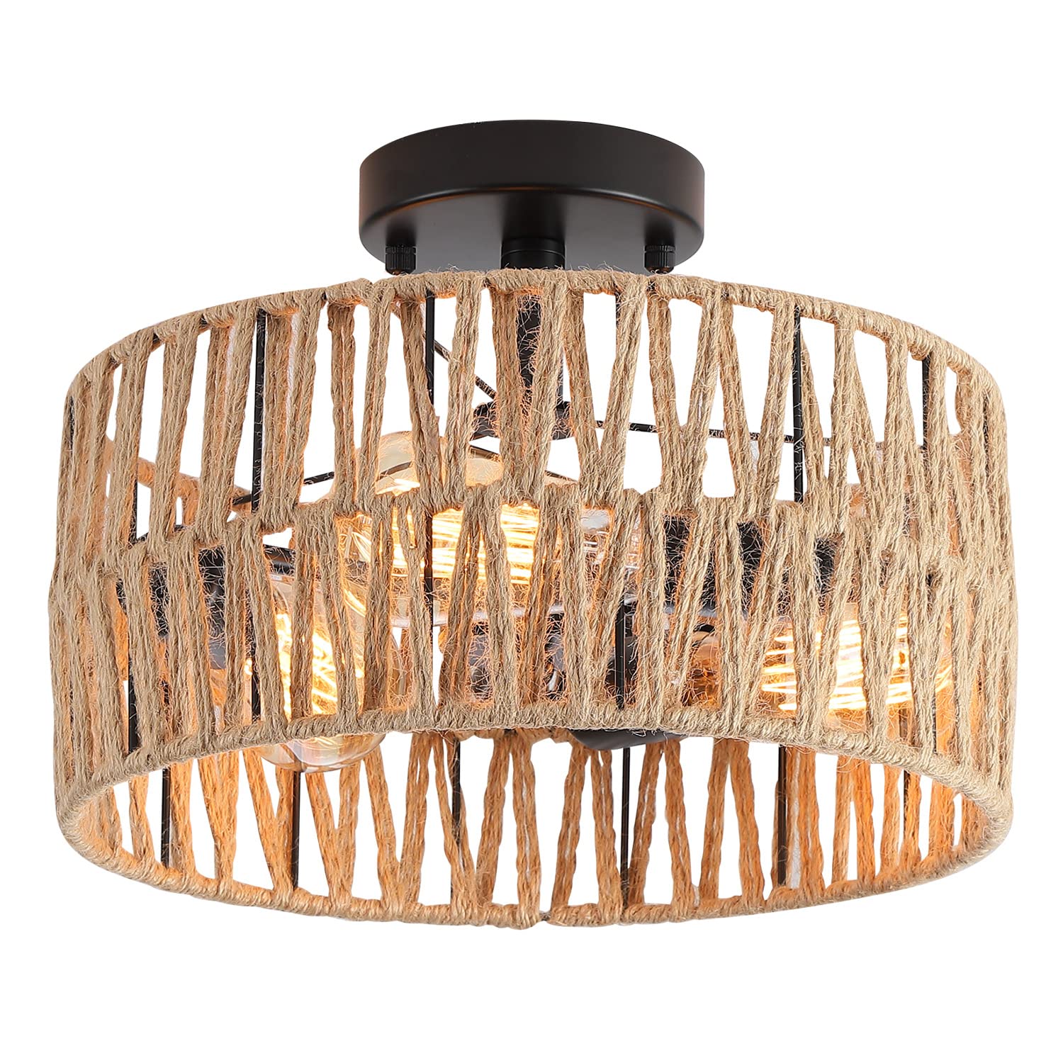 Hchunqjor 3-Light Coastal Woven Flush Mount Light Fixture Boho Rustic Hemp Rope Drum Semi Flush Mount Ceiling Light for Hallway 