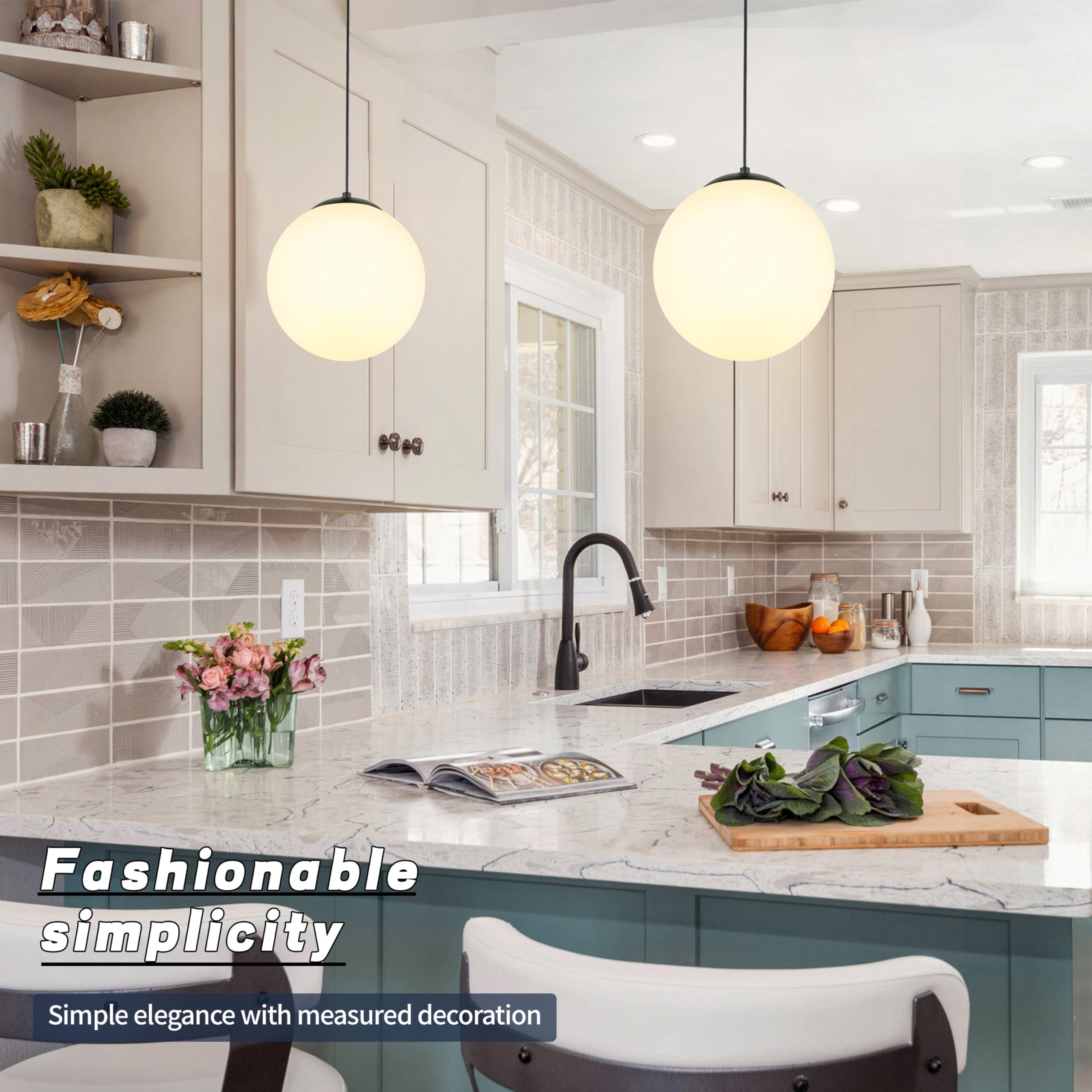 Koko&Yukina 10&quot; Globe Pendant Light - Black Mid Century Fixture With Opal Glass For Dining Room