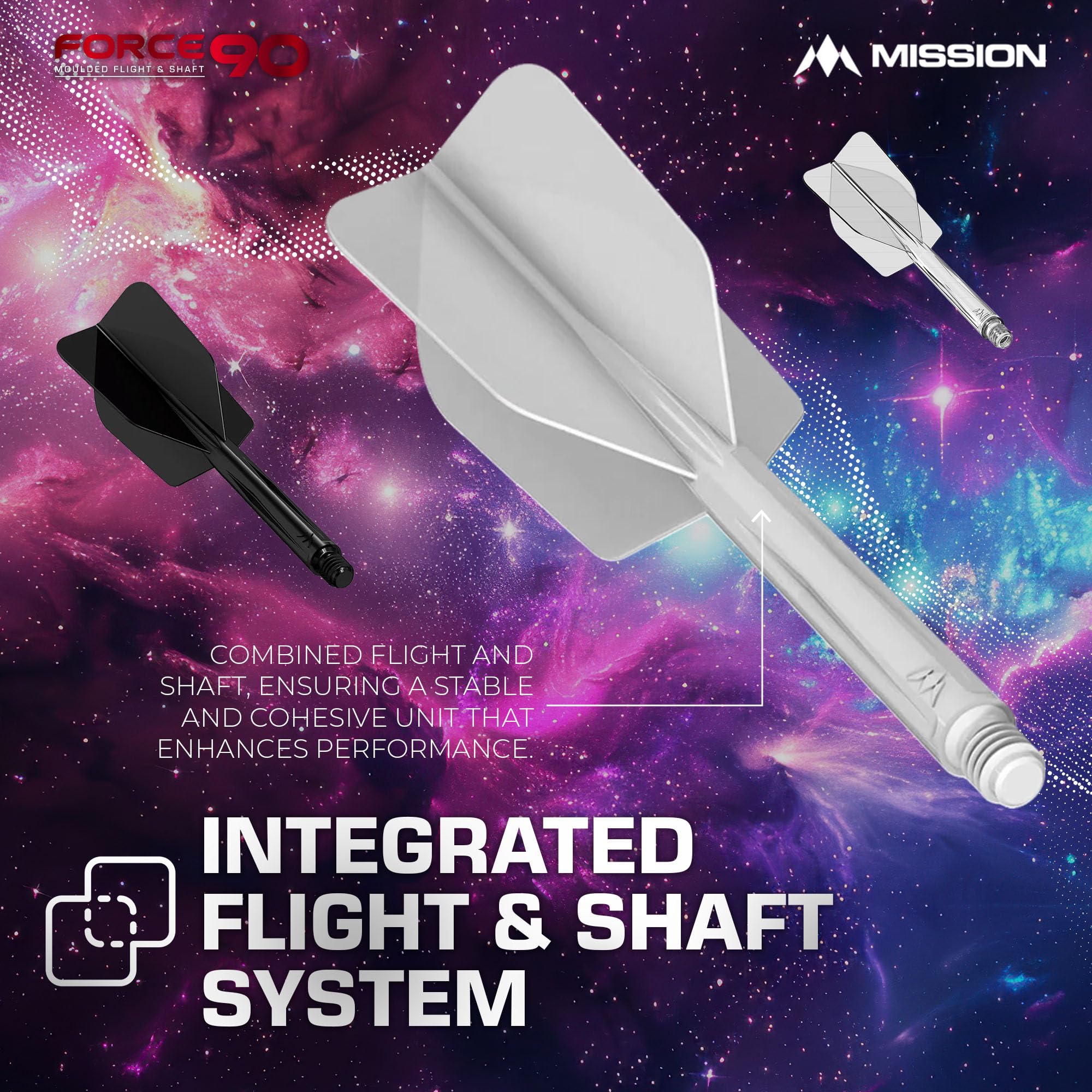 Mission Darts Force 90 Dart Flight and Shaft System, Pack of 3, Slim, Medium, White, Highly Durable Plastic