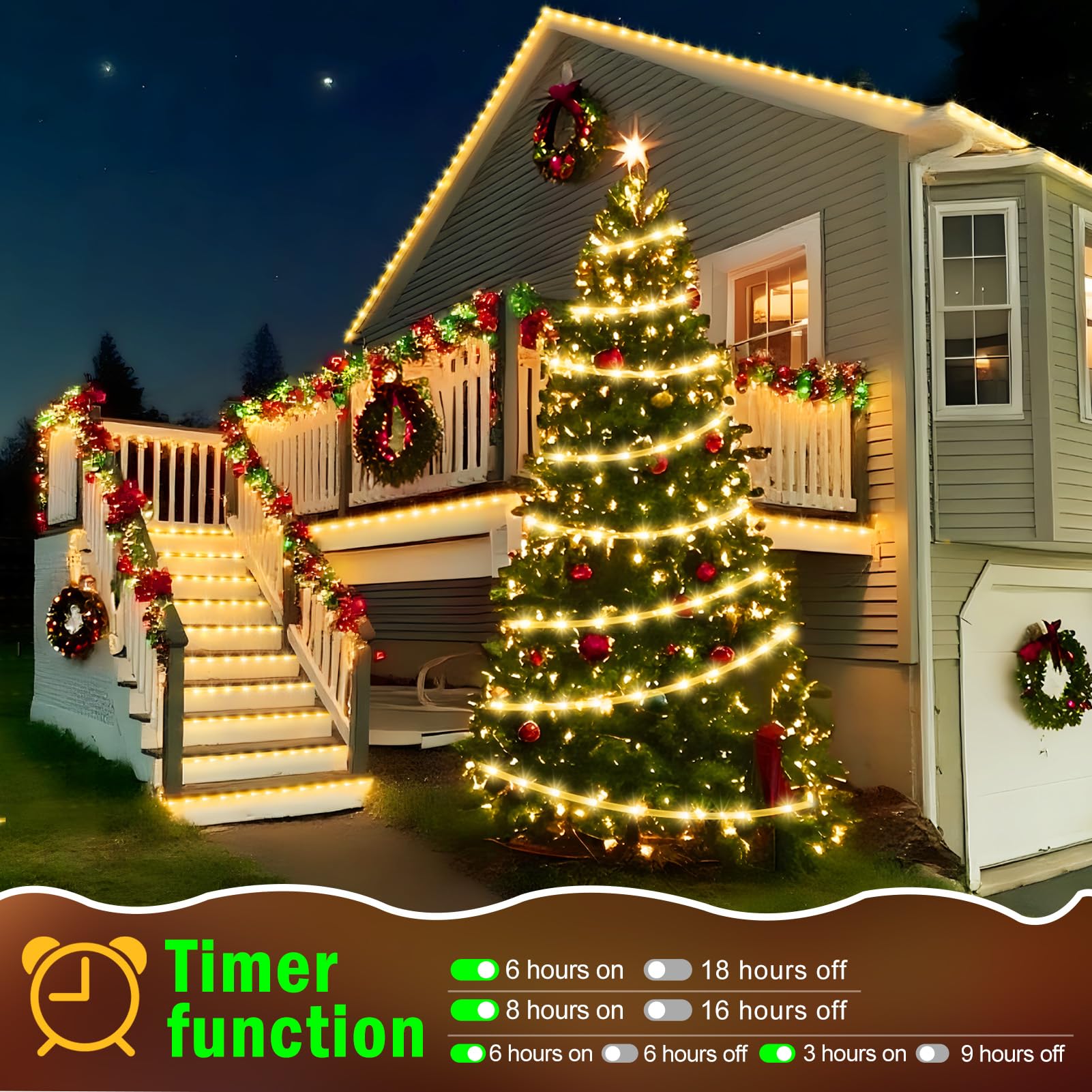 KNONEW 164FT 1000LED Outdoor Waterproof Rope Lights, Warm White, 8 Modes for Indoor/Outdoor Decoration, Model KN-1000-LIG168-01