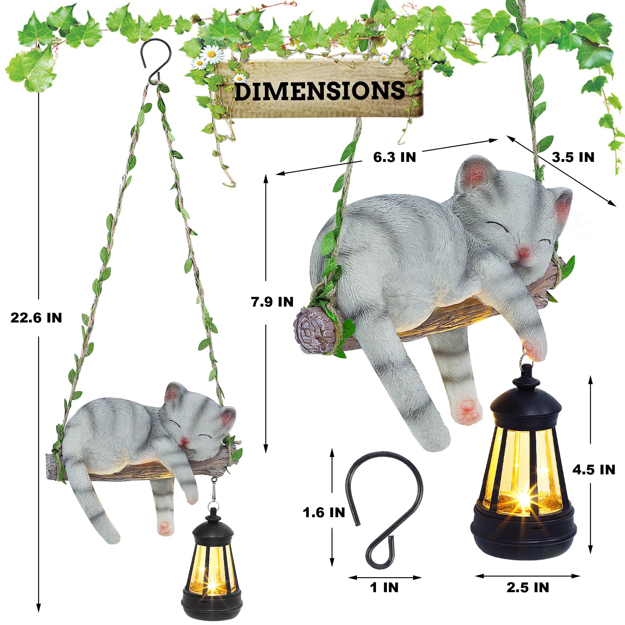 ZaaYee Solar Lighted Garden Statue - 22.6" Resin Cat with Lantern, Gray, Model LIECAT, Outdoor Hanging Decoration