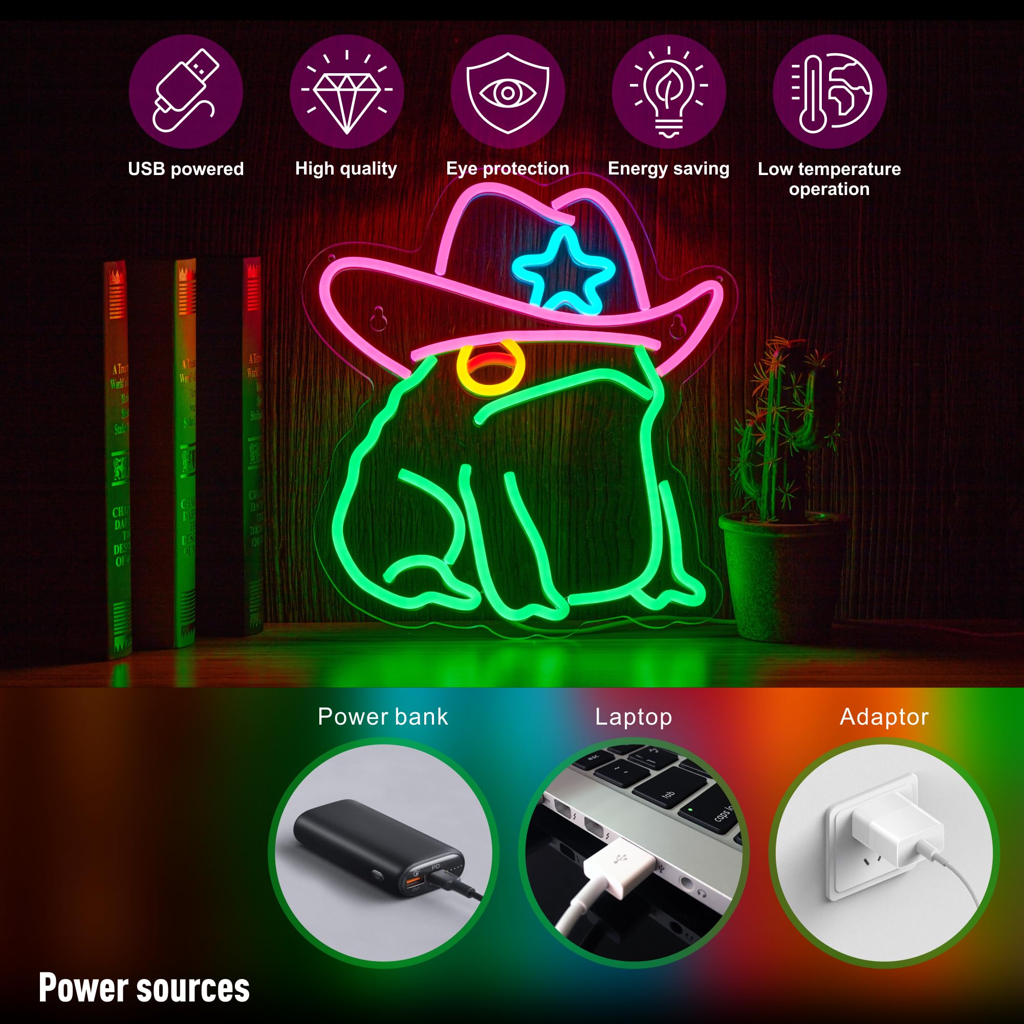 NEONLAND Cowboy Toad Neon Sign - Frog LED Light Art, Dimmable, 13.8 x 12.6 inch, Frog Green, Model NLANDANIMAL