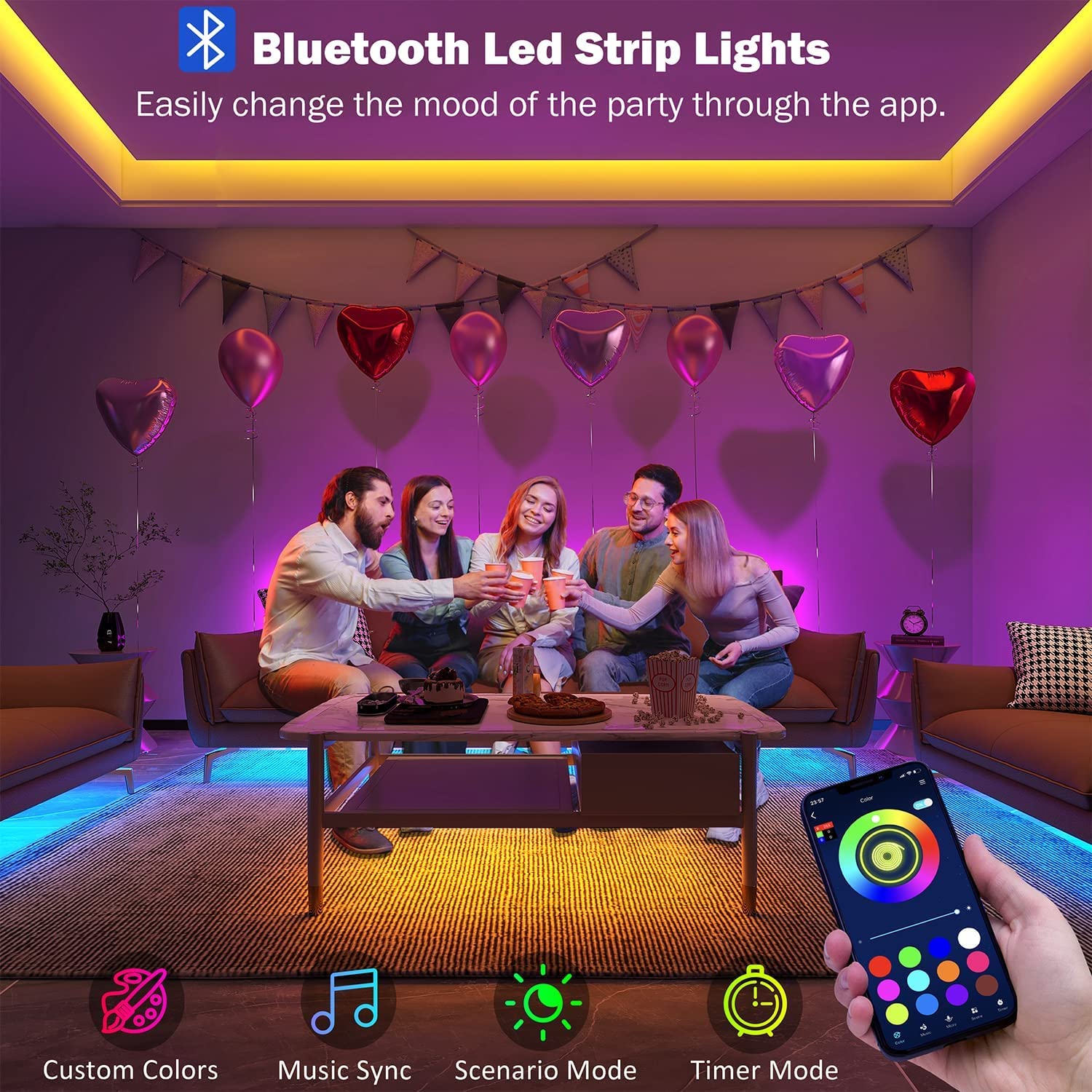 32.8Ft Led Strip Lights Smart App Music Sync Color Changing Rgb Led Light Strips Bluetooth Led Strips With Remote Led Lights For