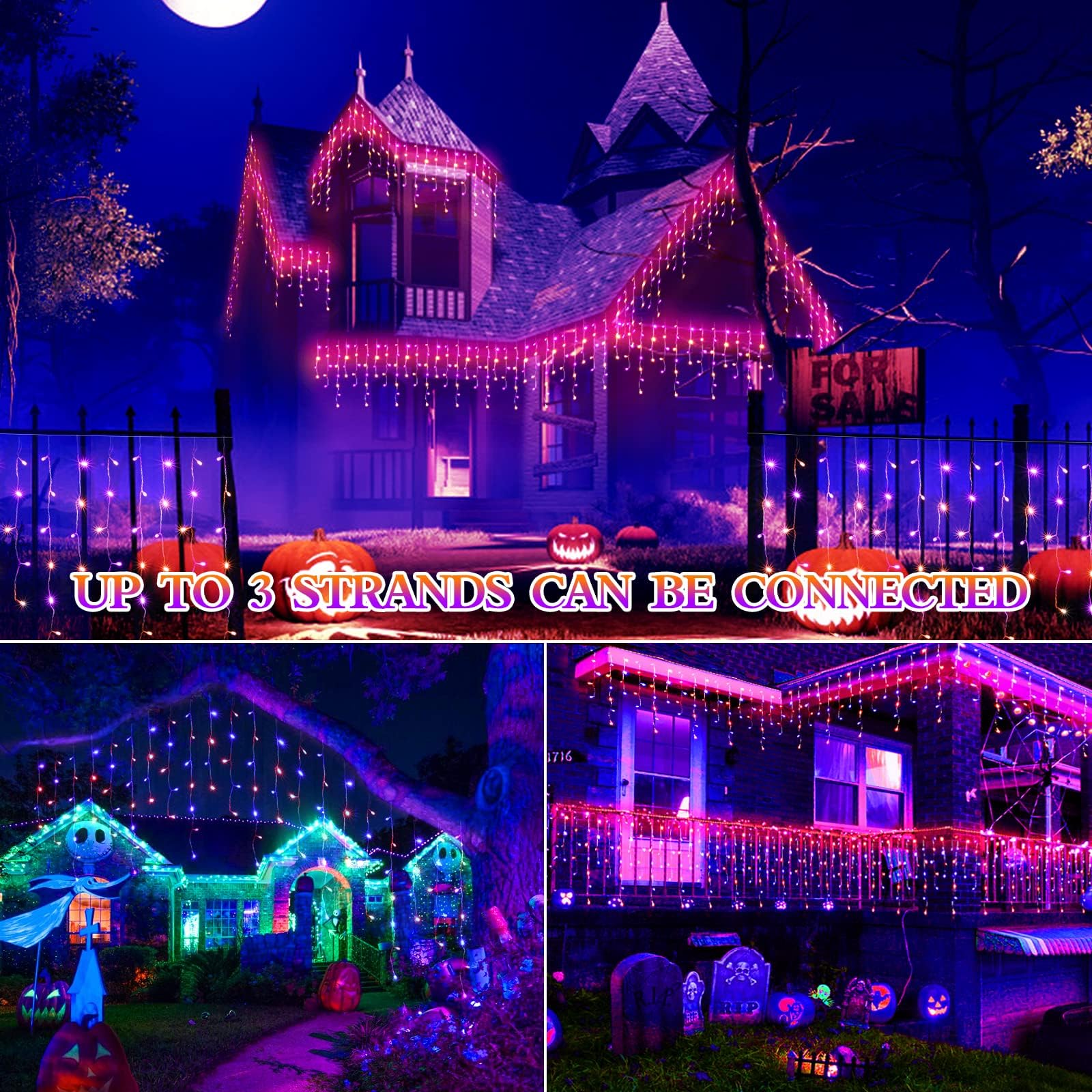 Jxledayy 65 Ft 640 Led Halloween Lights Outdoor Decorations Clear Wire String Lights Plug In 120 Drops 8 Modes Memory Timer Curt