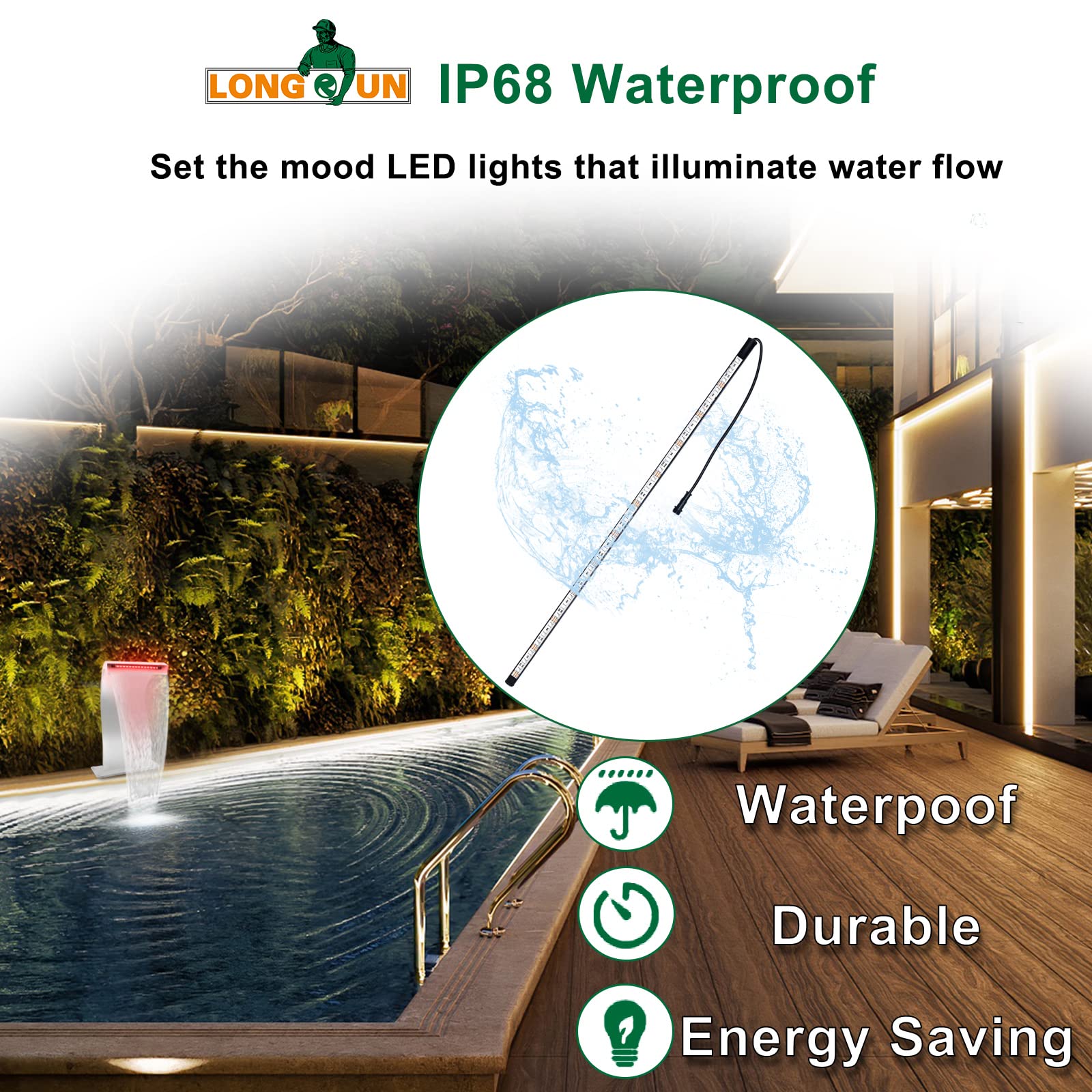 Longrun LED Color Changing Strip Lights 34.85" Waterproof APP Control for Garden, Pond, Pool, Fountain, and Aquarium - Multiple Colors