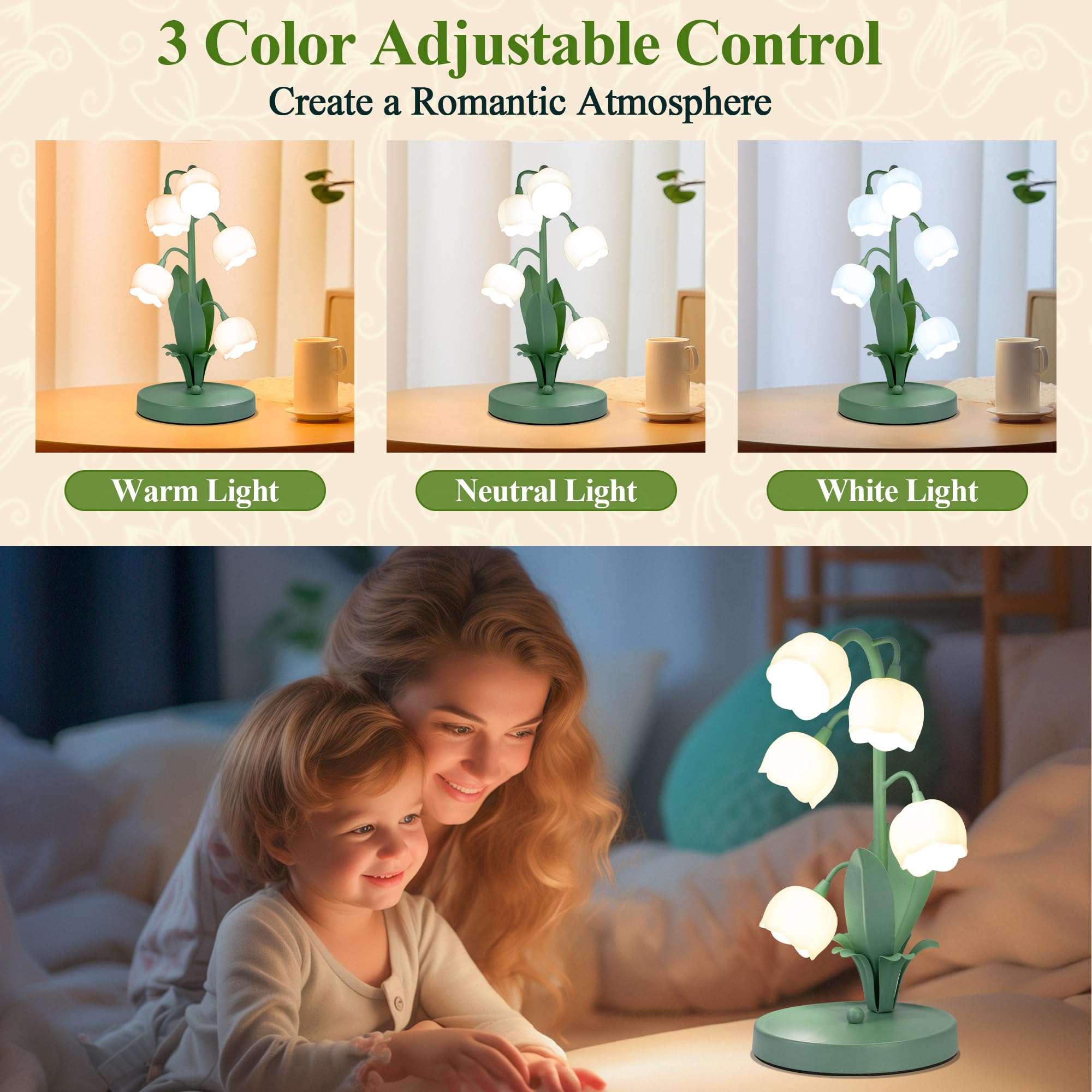 Werfop Flower Table Lamp, Vintage Lily Of The Valley Desk Lamp For Bedside 3 Color Modes Cute Reading Night Light With Led Bulbs