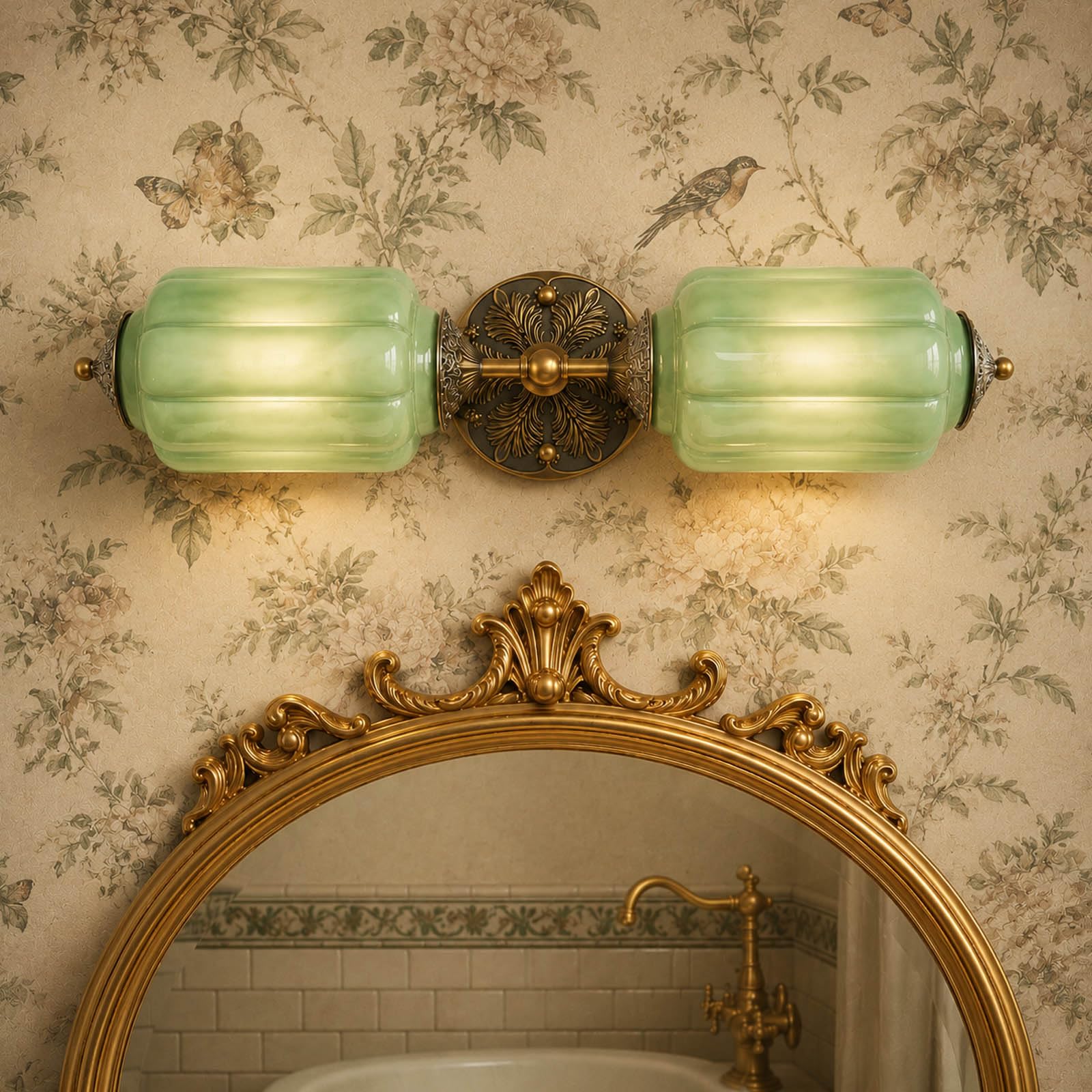 ZeahVeyora 2-Lights Antique Milk Glass Bathroom Light Wall Sconce with Brass Finish Base & Green Glass Shade Mid Century Modern 