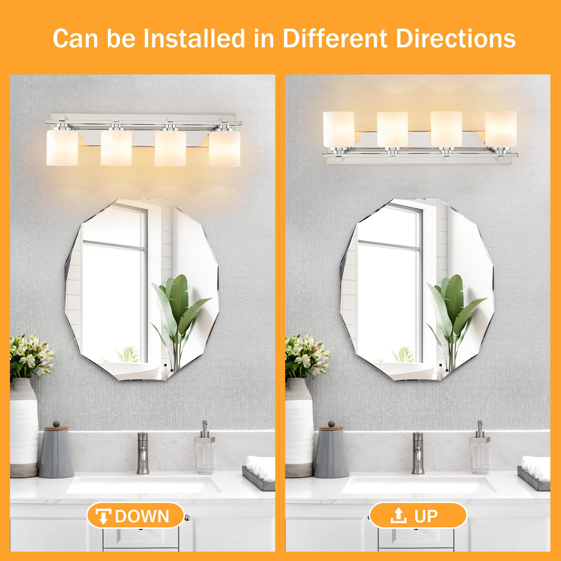 BrkNit 4-Light Bathroom Light Fixtures, Chrome Metal Vanity Lights with Milky White Glass Shades, Model J0057-3