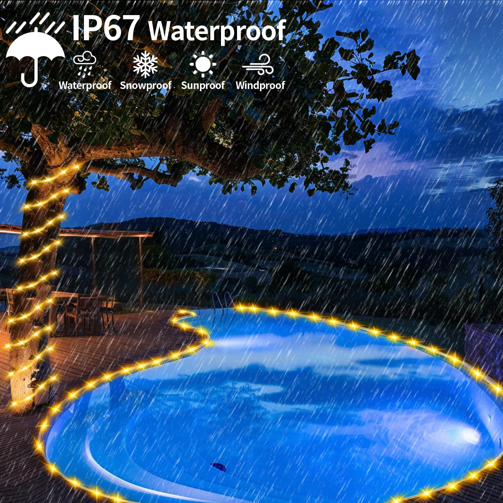 LairtPOW Solar Rope Lights, 200 LEDs, Waterproof, Warm White, 65FT, Rechargeable Battery, Remote Control, Model SRL-66FT-20M-HW