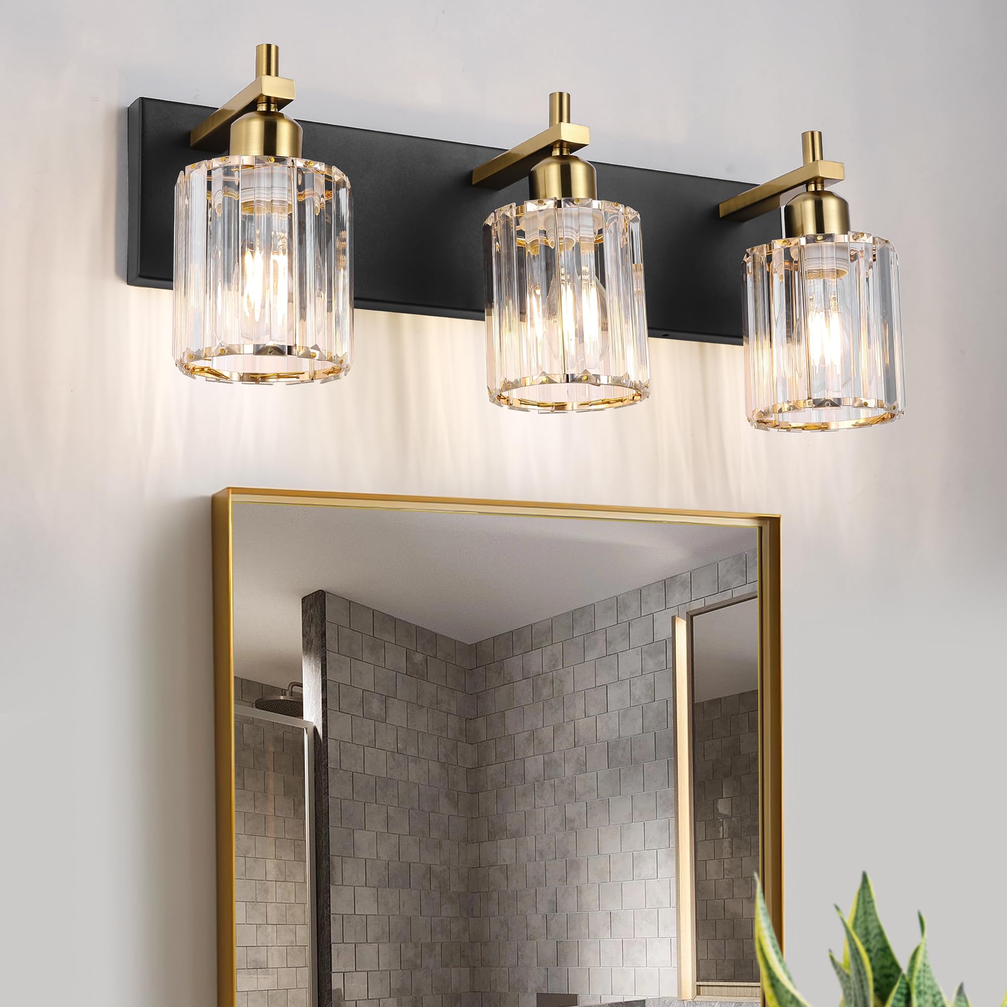 Black and Gold Crystal Bathroom Vanity Lights  3-Lights Bathroom Light Fixture Over Mirror  20 Inch Modern Farmhouse Vanity Light  Brass Gold Bath Wall Sconce for Bath Mirror Kitchen Hallway Cabinet