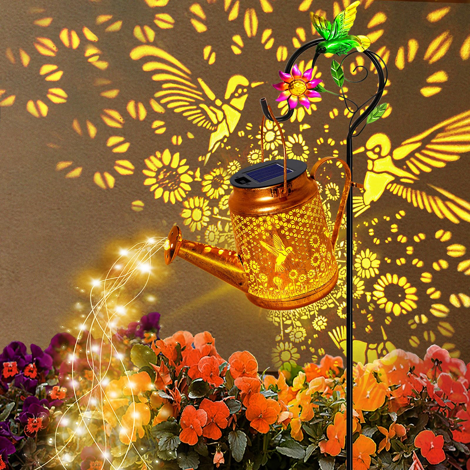 yulloyello Solar Watering Can Lights, Hummingbird Design, Metal, Waterproof Garden Decor, Model XSH6546