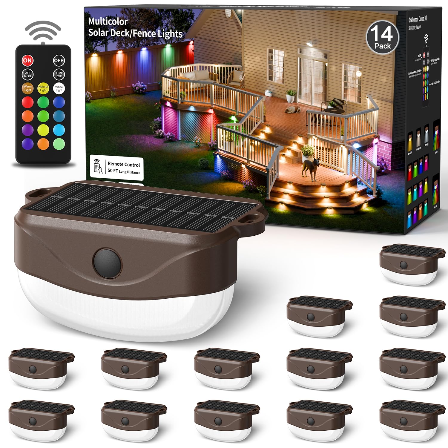 Hicotet Solar Fence Lights, 15 Multi Colors, 50ft, IP67 Waterproof, 14 Pack, Brown, Model LNM-WLD-01