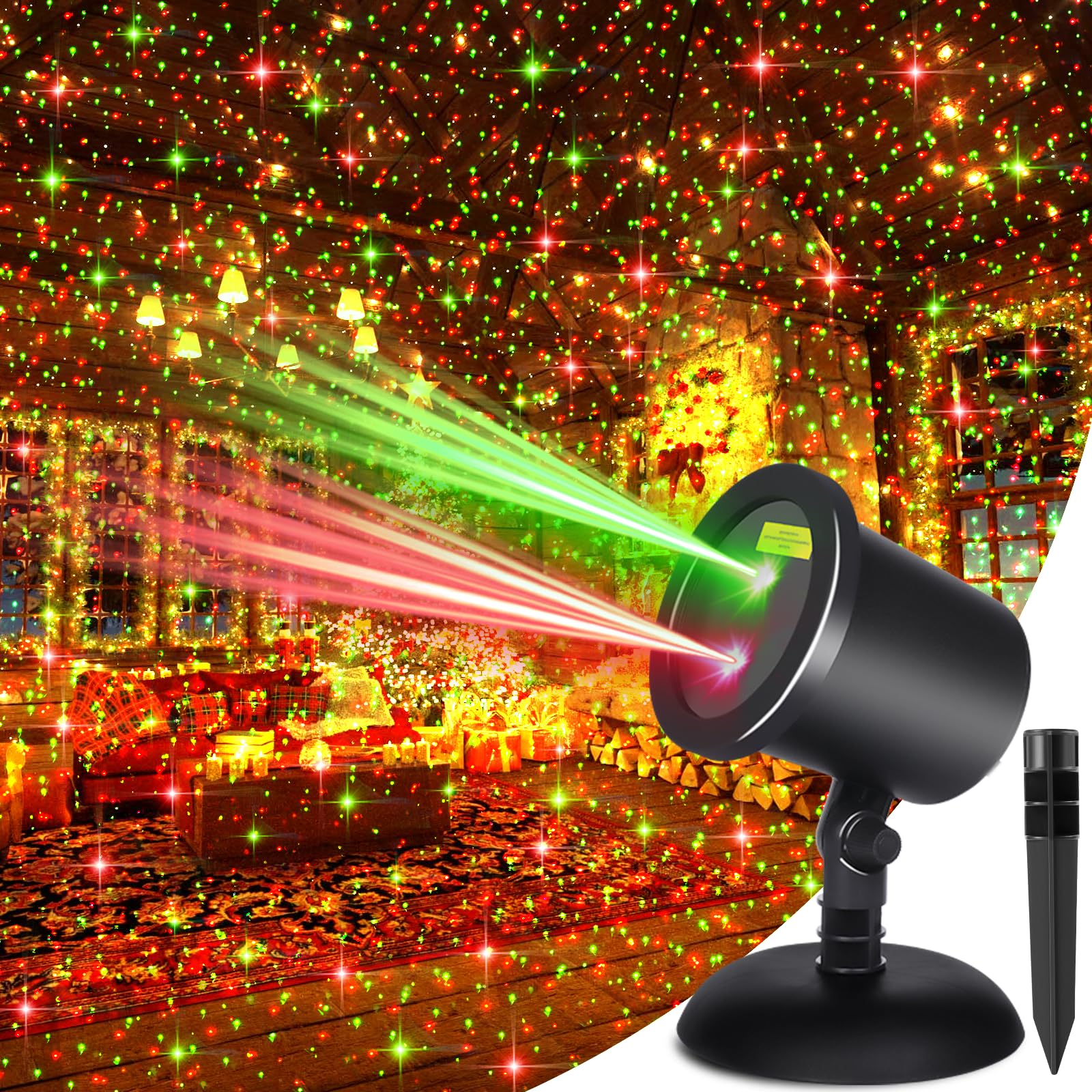 Christmas Laser Light Projector Outdoor, Red & Green Static Star Starry Laser Projector Lights, Christmas Decoration Light Laser