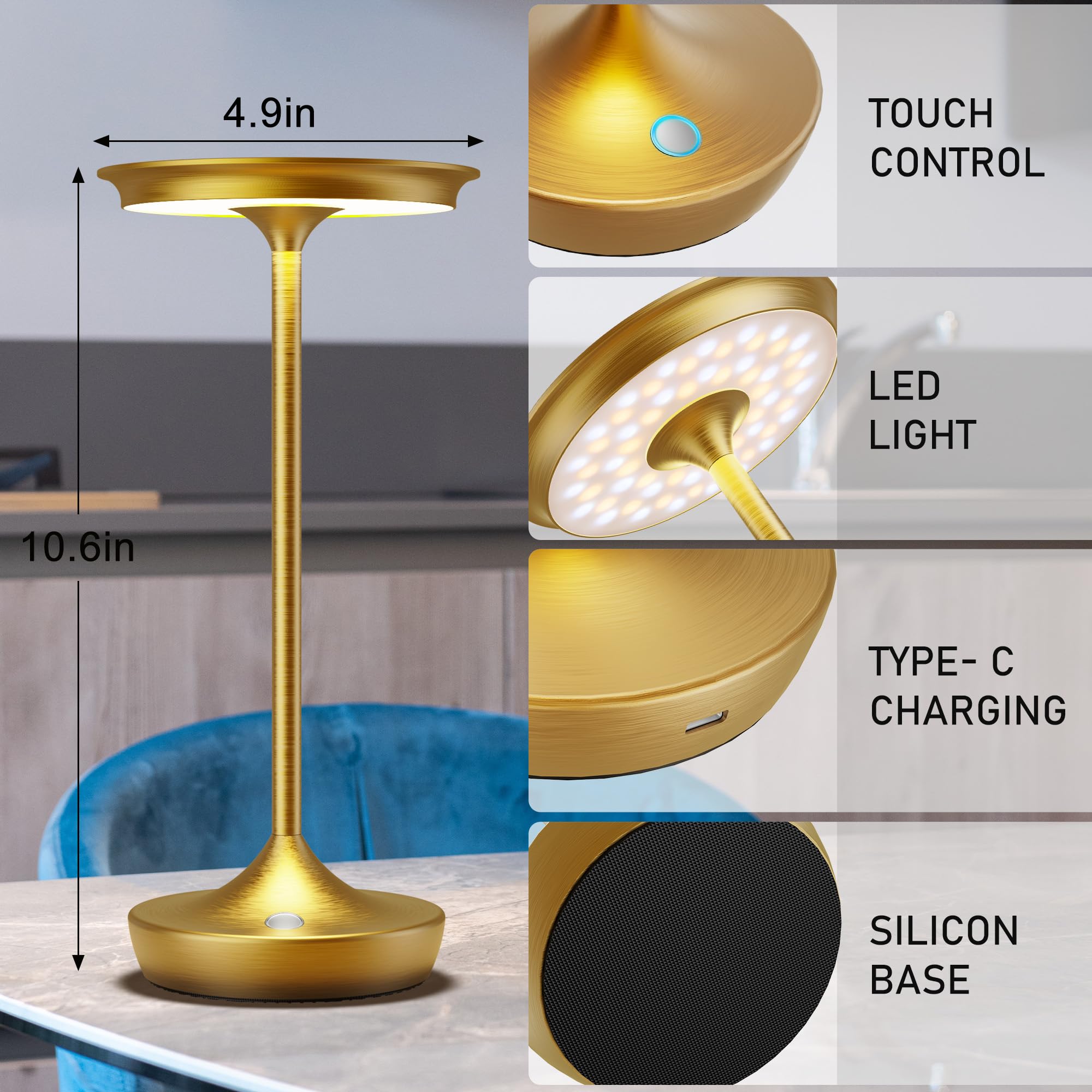 YHT Cordless Rechargeable Table Lamp, 6000mAh Battery, Waterproof, 3 Color Dimming, Gold, Model 825, 1 Pack