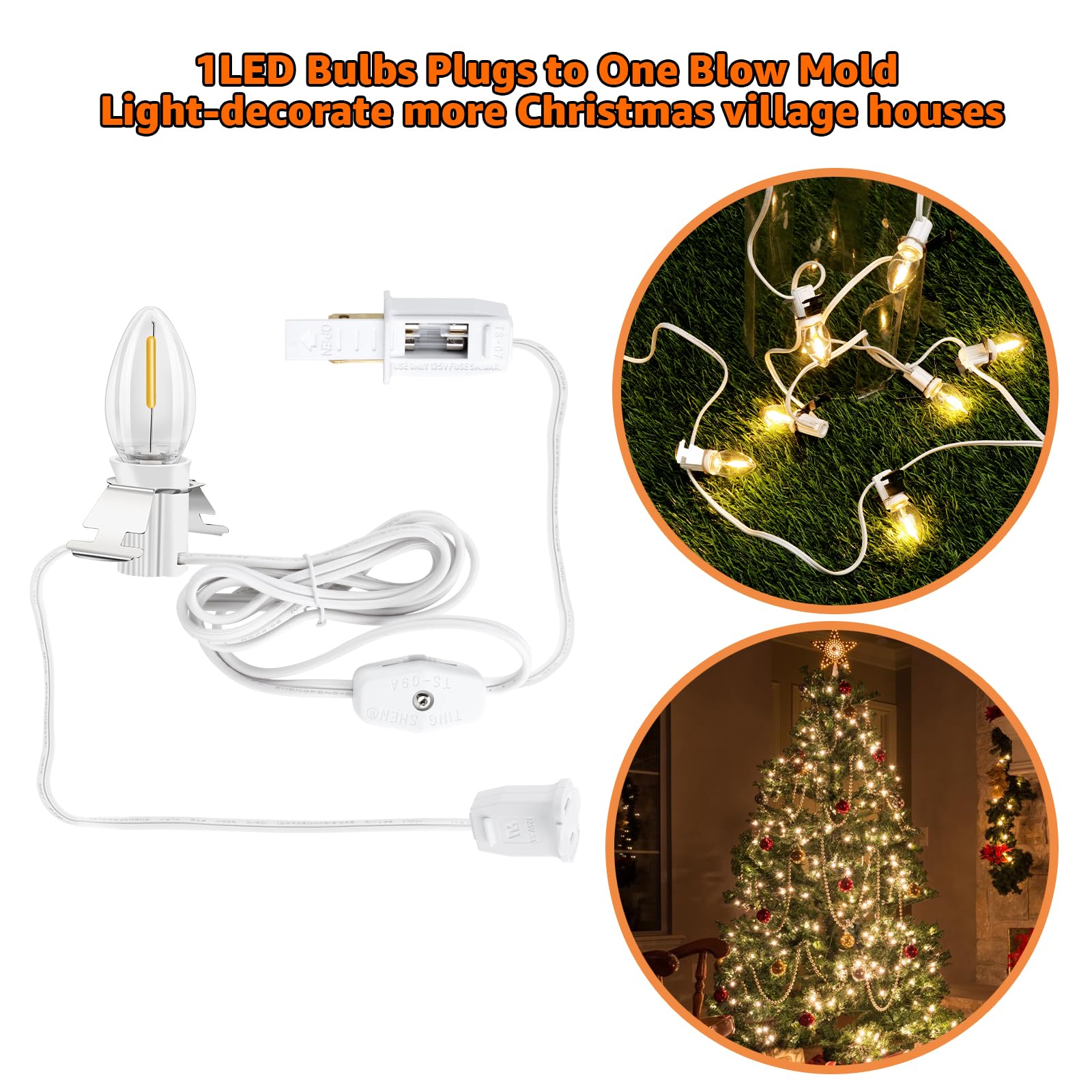 Aomitop LED Light Bulb C7 Cord with Clip - White, 1 LED BULB for Christmas & Halloween Outdoor Decorations