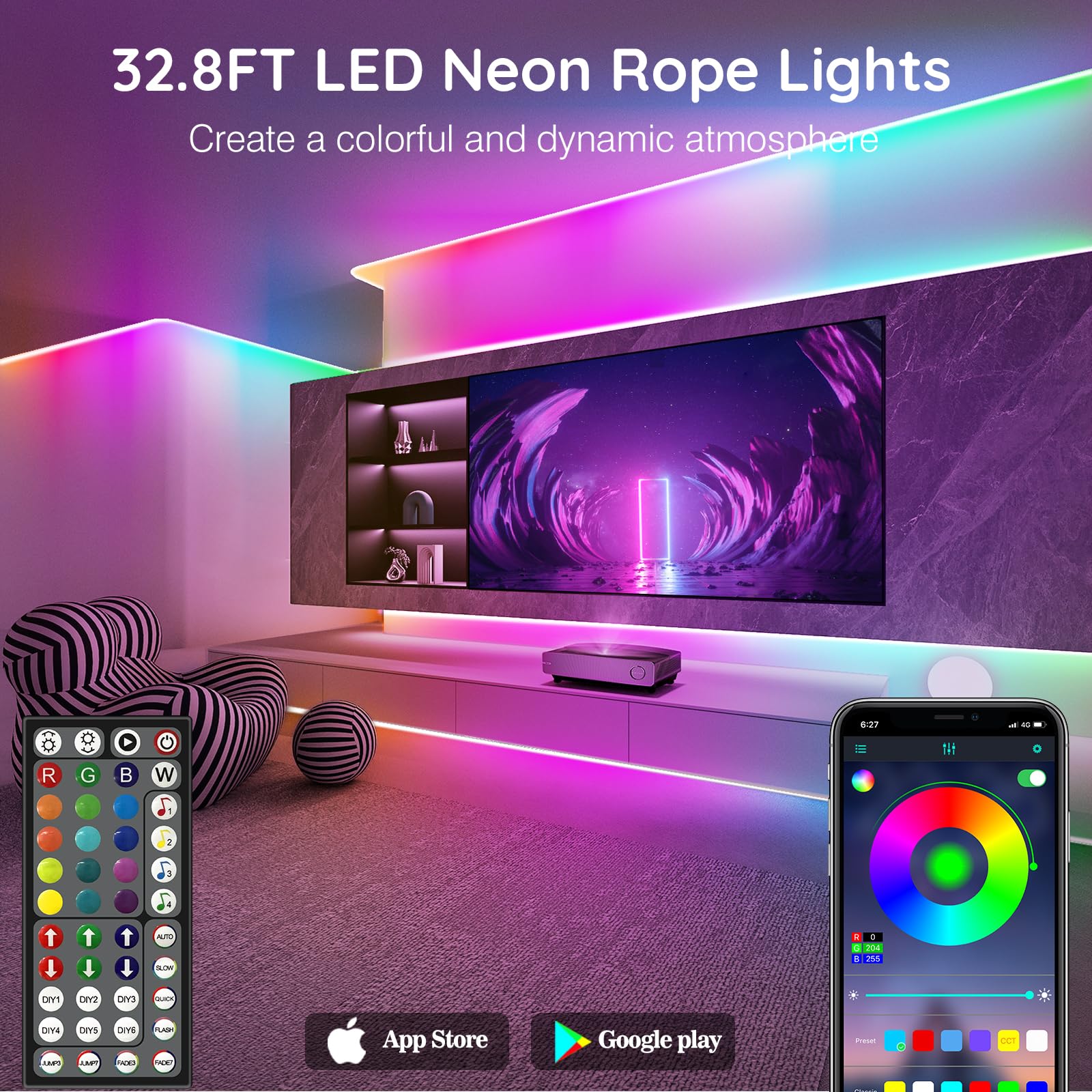 SINLEY Led Neon Rope Lights 32.8FT - RGB, IP68 Waterproof, App/Remote Control, Flexible, Music Sync for Indoor/Outdoor Use