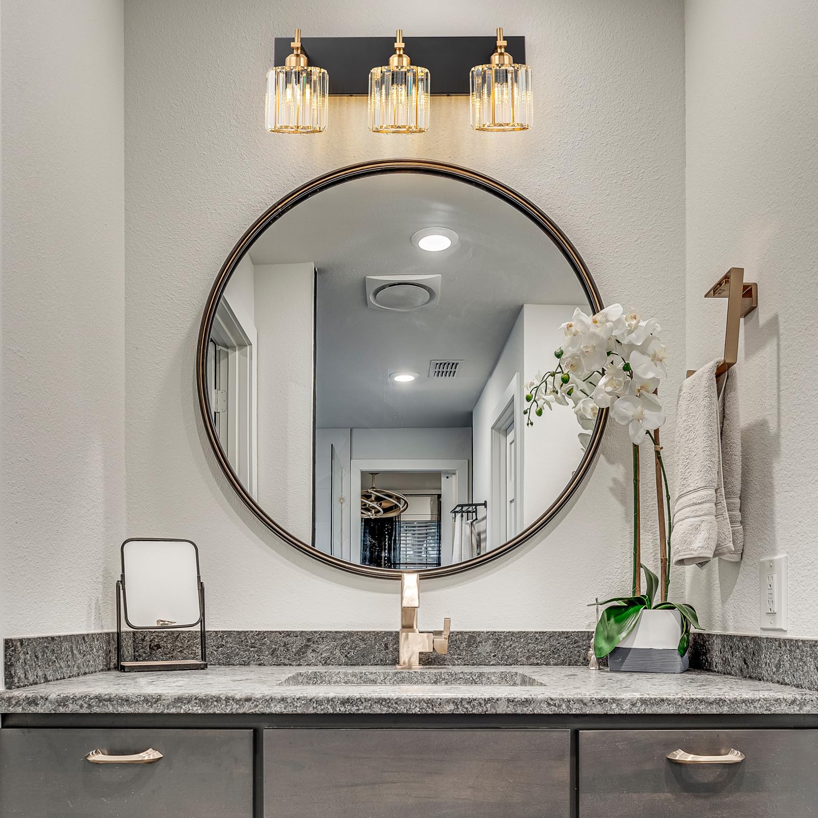 Huoku Modern Crystal Bathroom Vanity Lights, Black Gold 3-Lights Bathroom Light Fixtures Over Mirror, Crystal Wall Lighting With