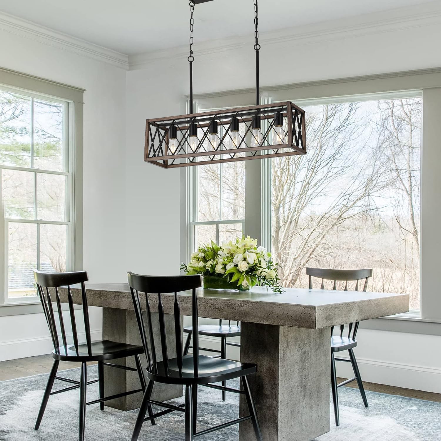 Mueof Farmhouse Kitchen Island Lighting,6-Light Dining Room Light Fixtures Over Table,Rustic Chandelier Wood Grain Finish,Height