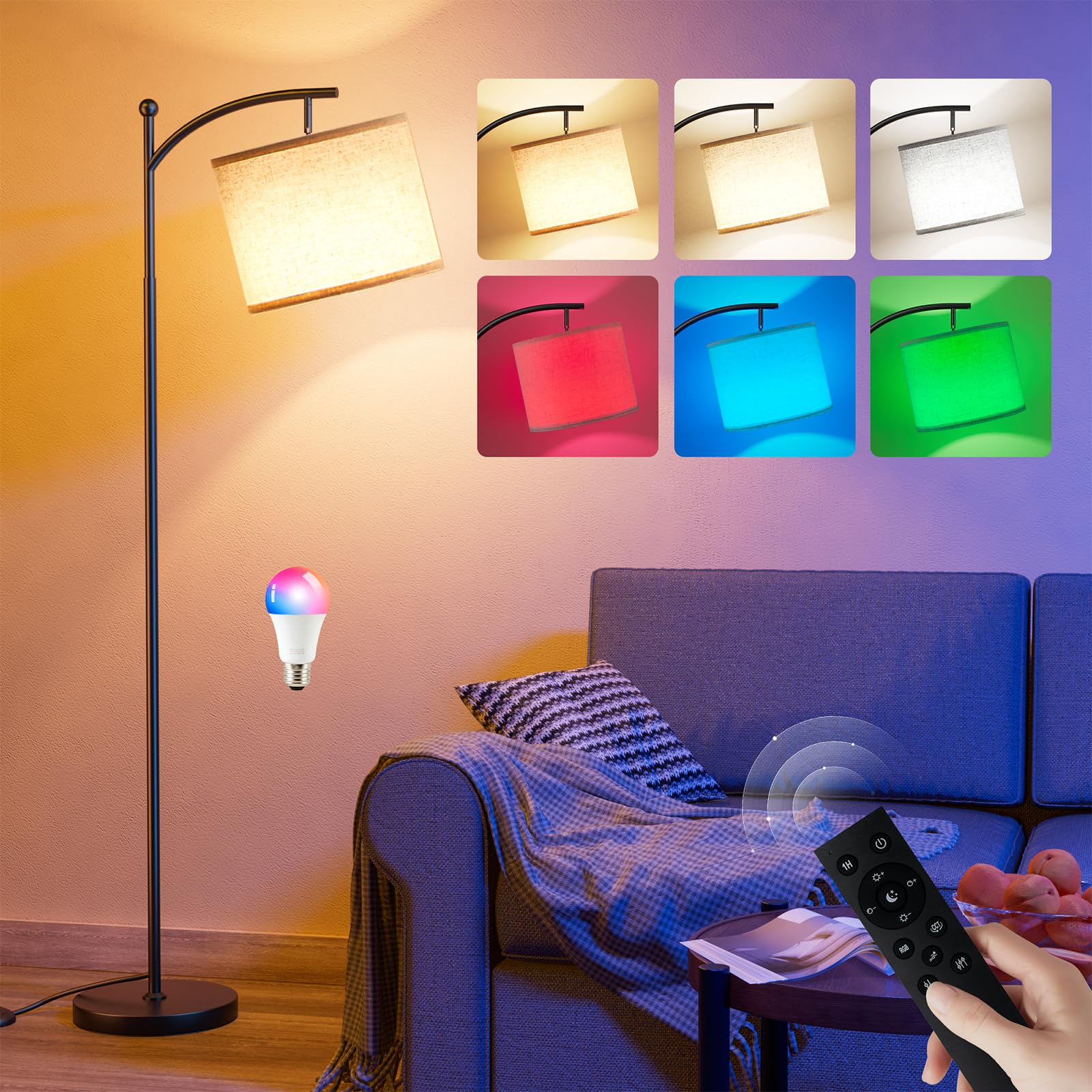 Ambimall Smart Floor Lamp with RGB Bulb, 60 inches, Beige Shade & Black Pole, Model RPT-QZB112RGB, Dimmable Color Temperatures
