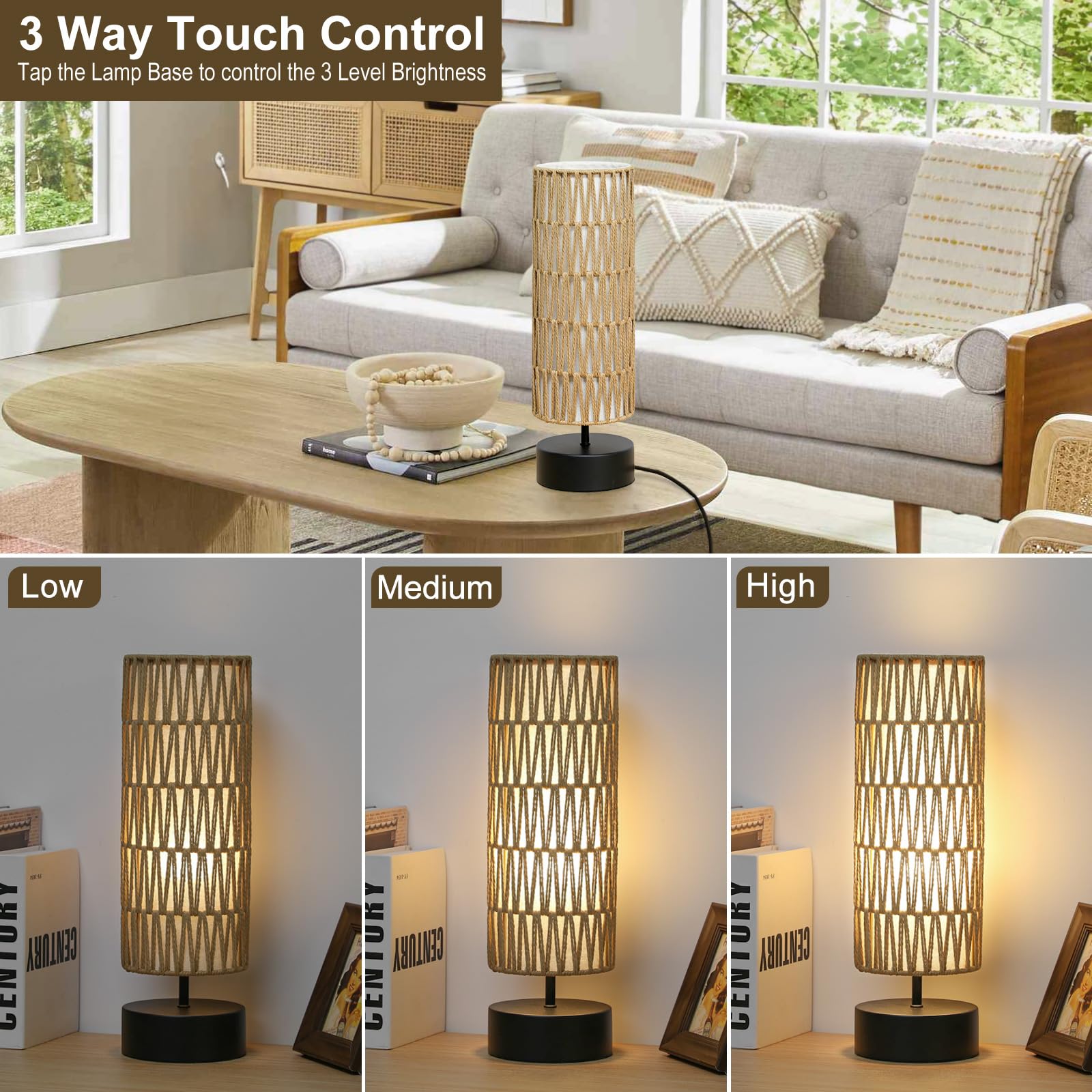 Rattan Table Lamp, Touch Control Bedside Table Lamp With Black Base, 3 Way Dimmable Nightstand Lamp With Dual-Layer Shade, Boho