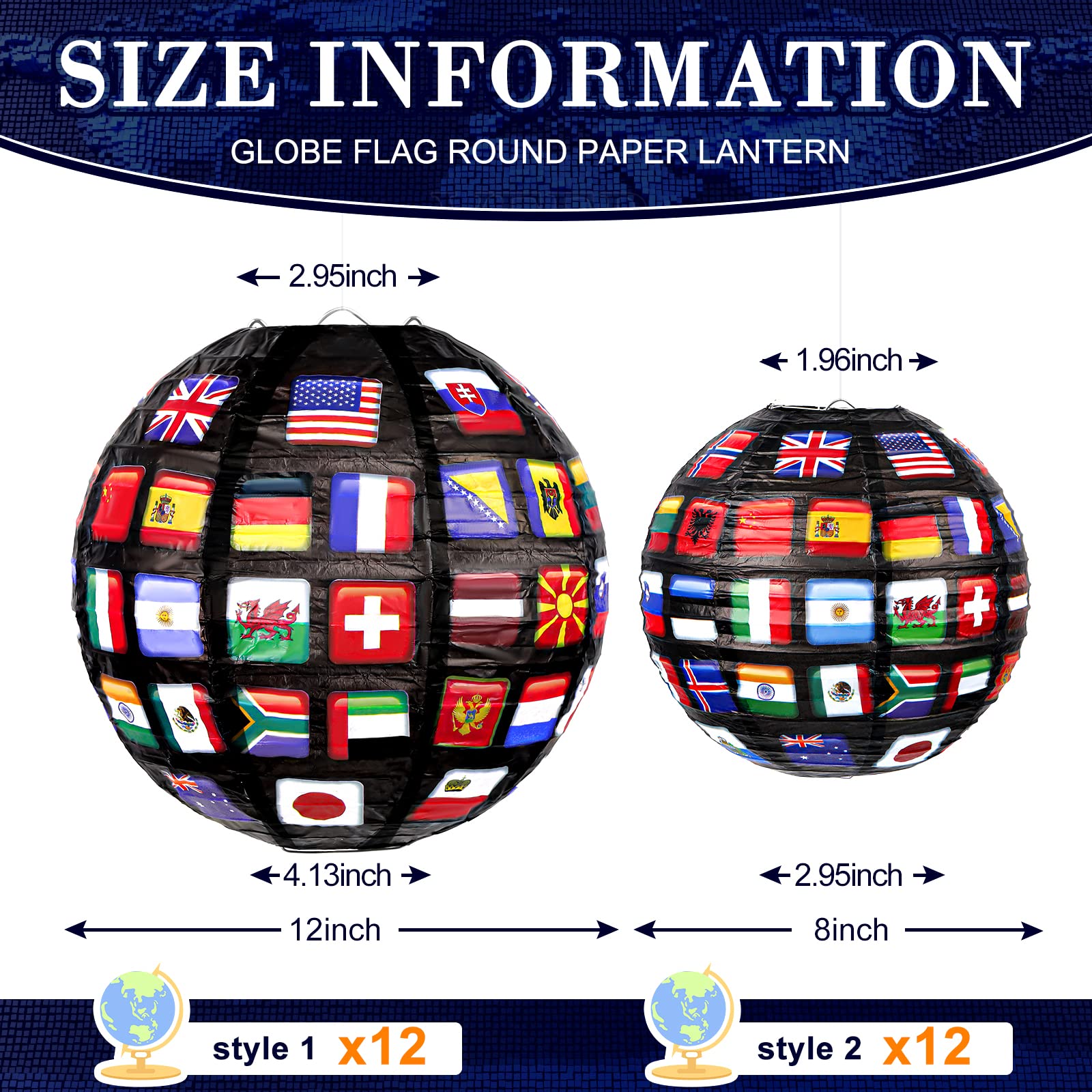 Hortsun 24 Pieces Flags of All Nations Paper Lanterns - Metal, International Party Decorations, 2 Sizes for Birthday & Festivals
