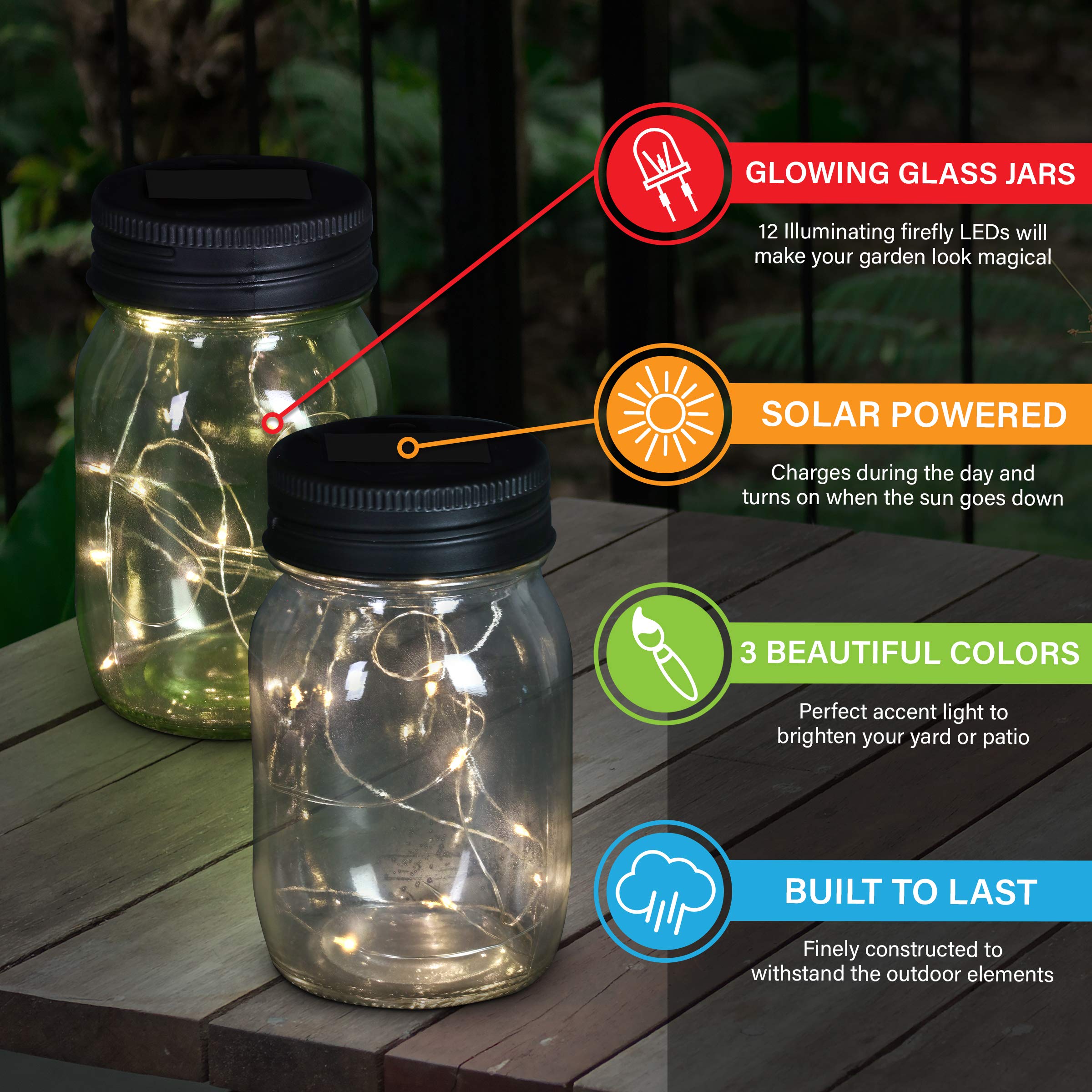 Exhart Solar Mason Jars Set of 3 Glass Lanterns with 12 LED Lights 3.5 x 5.5 Inch Multicolor Model 05818