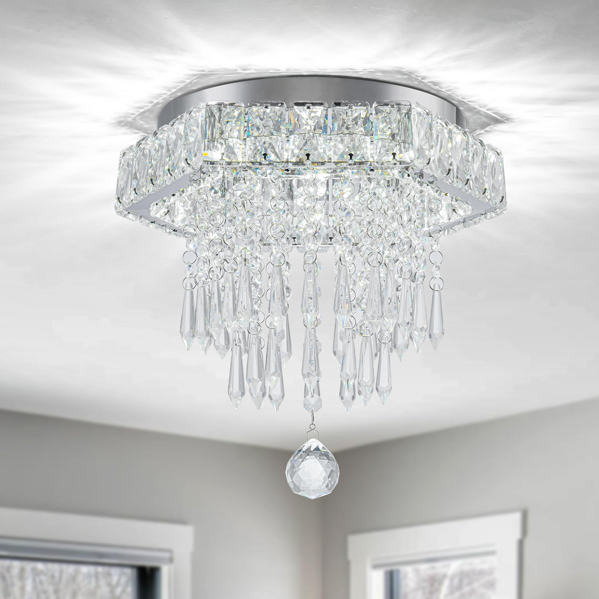 Cainjiazh Modern Crystal Chandelier, 11.8'' Hexagon, 6500K Cool White, Energy Efficient, Bedroom, Dining Room, Living Room