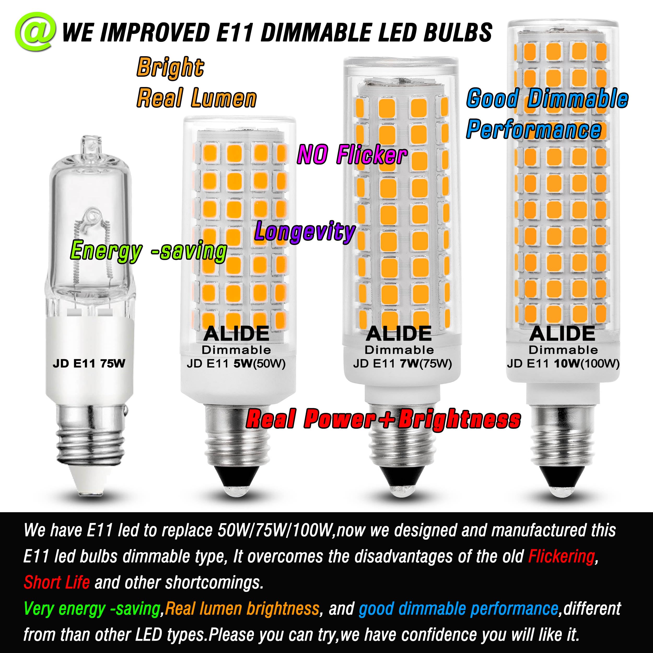 ALIDE E11 LED Bulbs, 7W 750lm Dimmable, 2700K Warm White, Aluminum, JDE11 120V Halogen Candelabra, 4