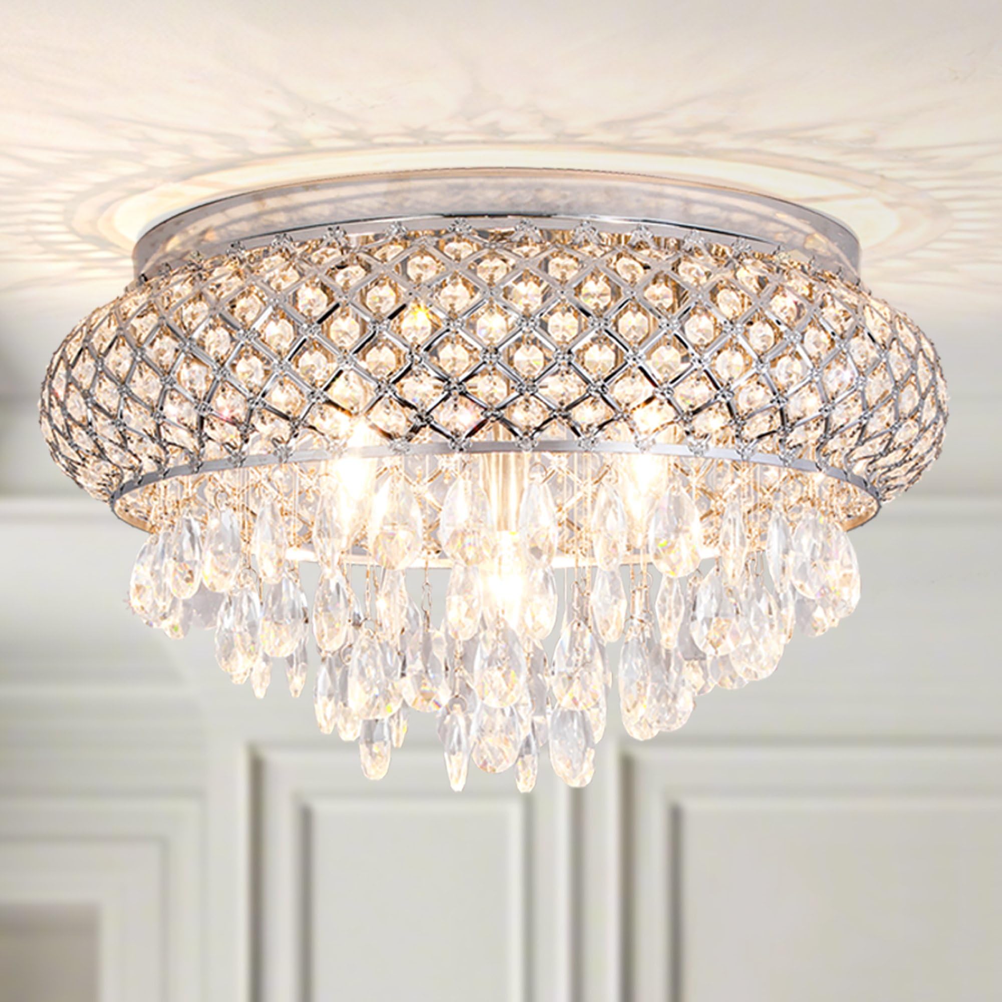 Maxax stylish Modern Flush Mount Ceiling Light, 5-Light, Large Chrome Crystal Fixture For Living Room, Bedroom, Dining Room, Kitchen