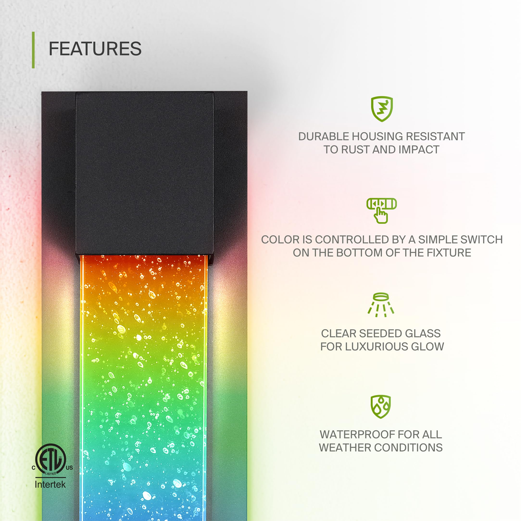 ASD 13 Inch LED Bubble Glass Wall Light Fixture - Waterproof, RGB-3000K-5000K, Black, Model A-LWS26-13N9RGBBK