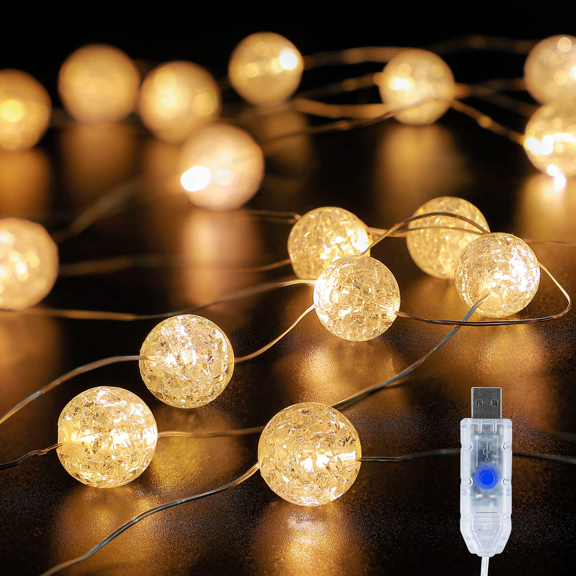 BEEWIN Globe String Lights, 30 LED Warm White Fairy Lights, 10FT, USB, 8 Modes, Crystal  le Ball for Indoor/Outdoor Use