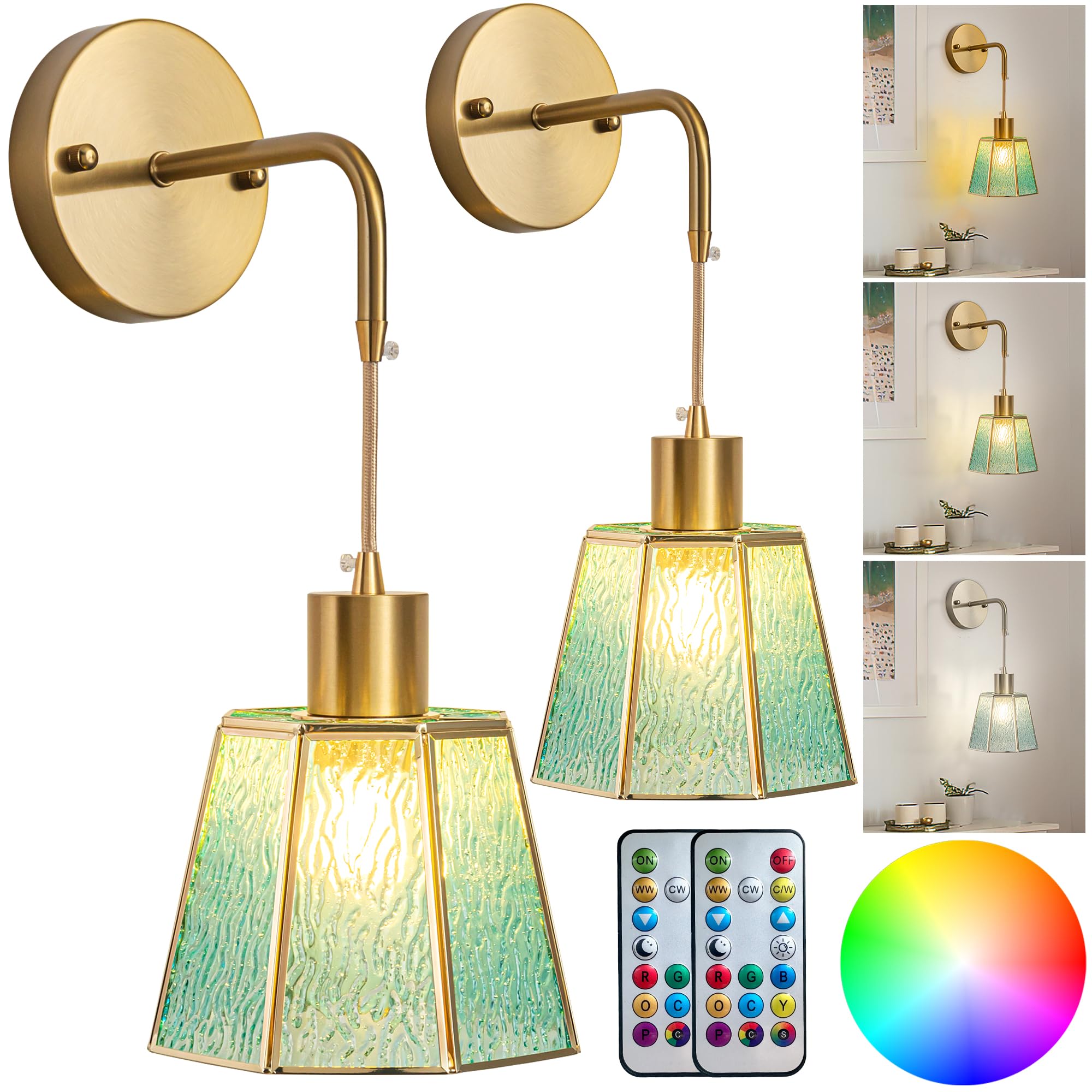 Yhcdlamp Battery Operated Sconces Set Of 2, Battery Operated Wall Lights With Remote,Rechargeable Wall Sconces Rgb Color Changin