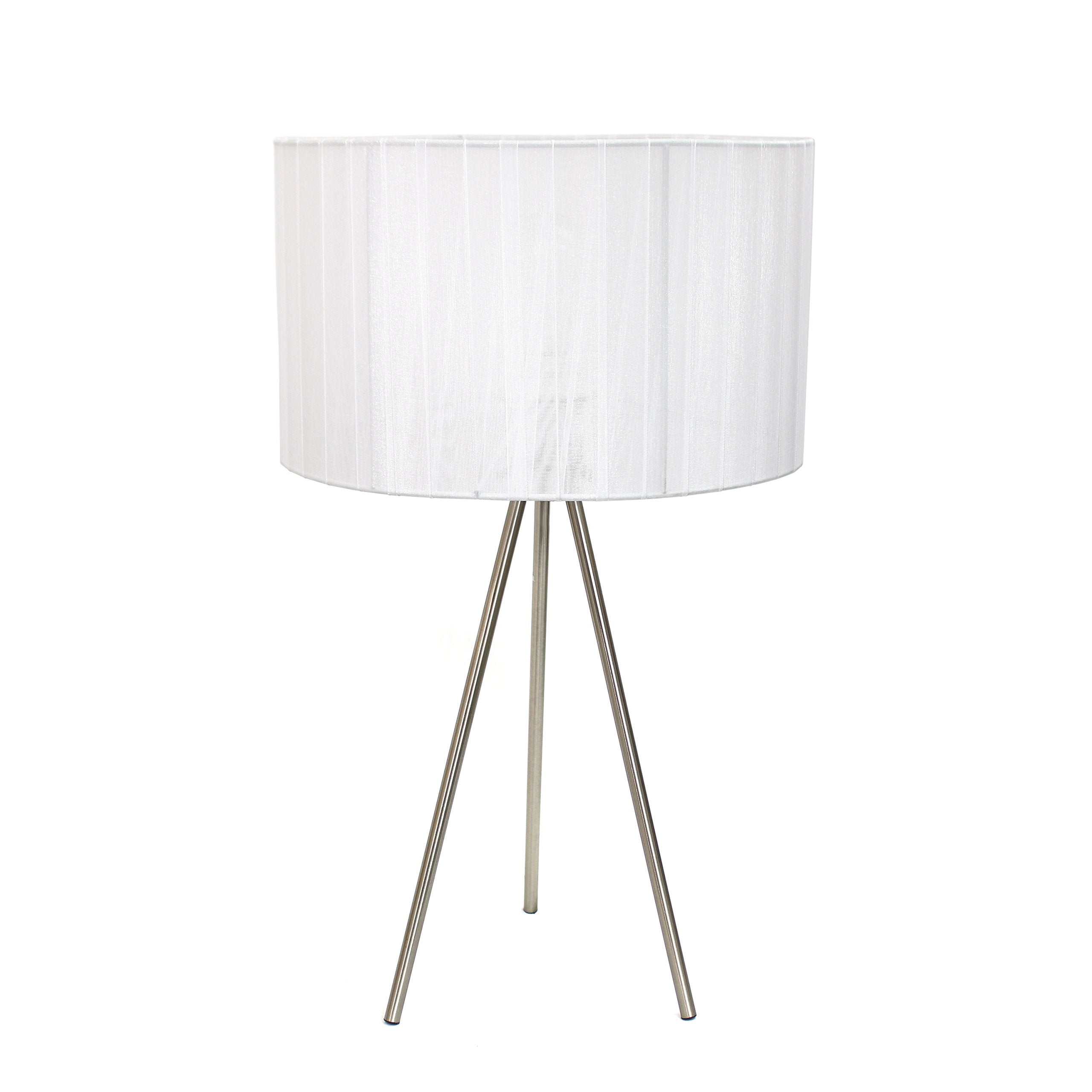 Simple Designs Lt2006-Wht Brushed Nickel Tripod Table Lamp With Pleated Silk Sheer Shade, White